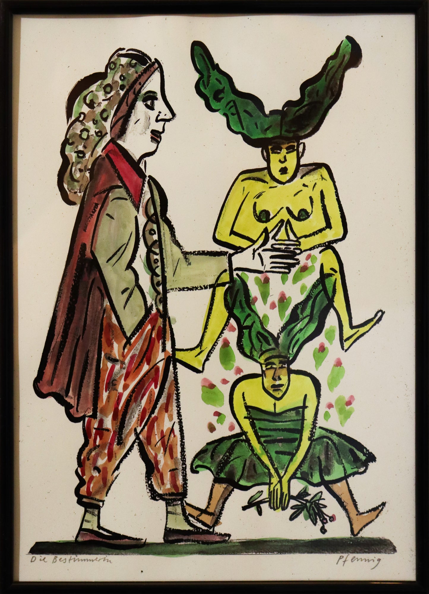 Original Mixed-Media-Malerei von Wolf-Dieter-Pfennig, Titel „Die Bestimmerin“ – expressive Darstellung einer Person, seitlich stehend, eine Hand in den Taschen, die andere ausgestreckt. Dahinter zwei Frauen in grün/gelb, eine im Kleid mit wehenden Haaren, darüber eine ähnliche Frau, unbekleidet. Mixed Media auf Papier, signiert, erhältlich bei Galerie Waldbach, What the Artist Made