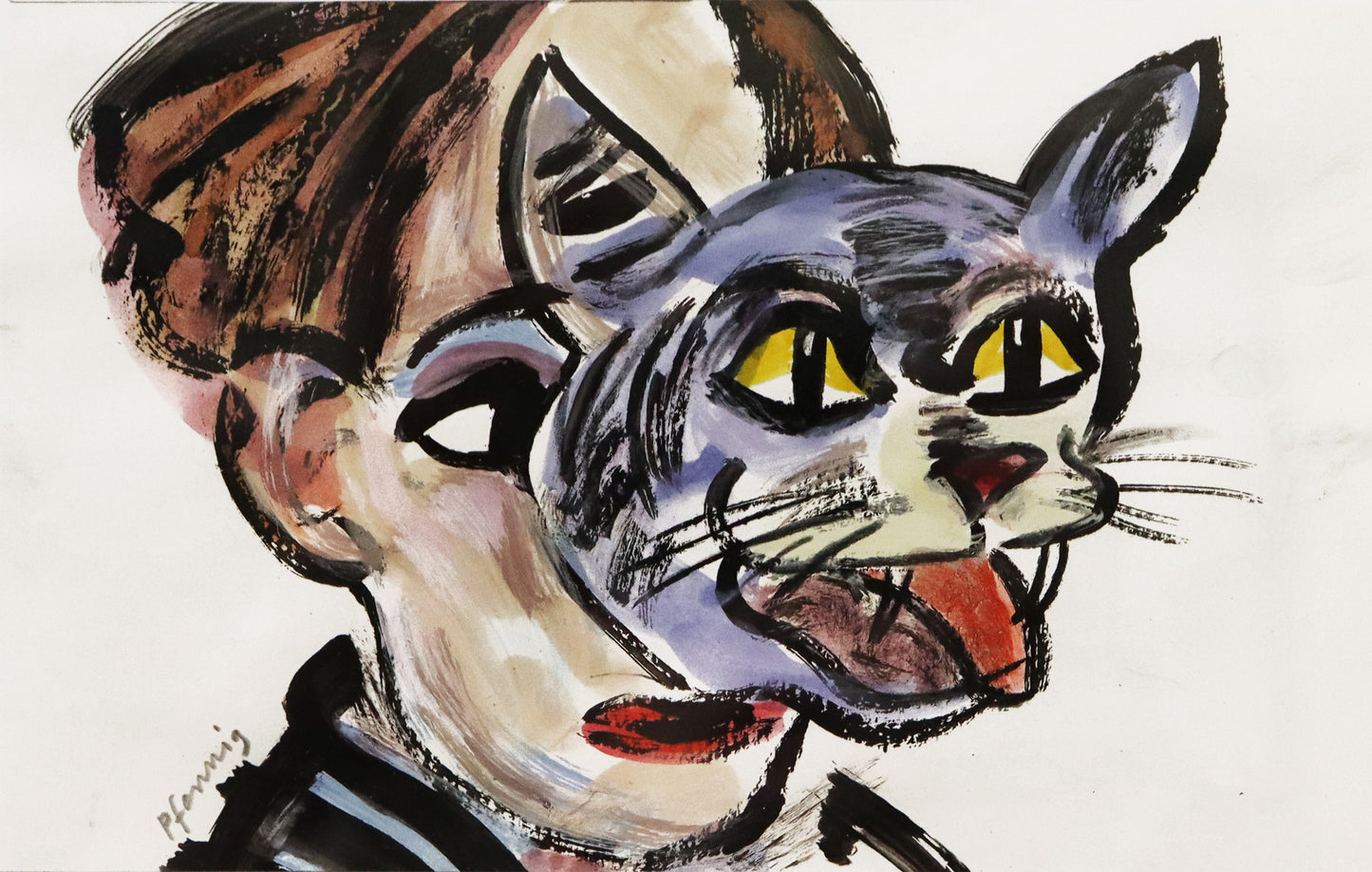 Original Mixed-Media-Malerei von Wolf-Dieter-Pfennig, Titel „Die Philosophie ist eigentlich dazu da, das einzulösen, was im Blick eines Tieres liegt. Adorno“ – Detailansicht des Werks. Mixed Media auf Papier, signiert, erhältlich bei Galerie Waldbach, What the Artist Made