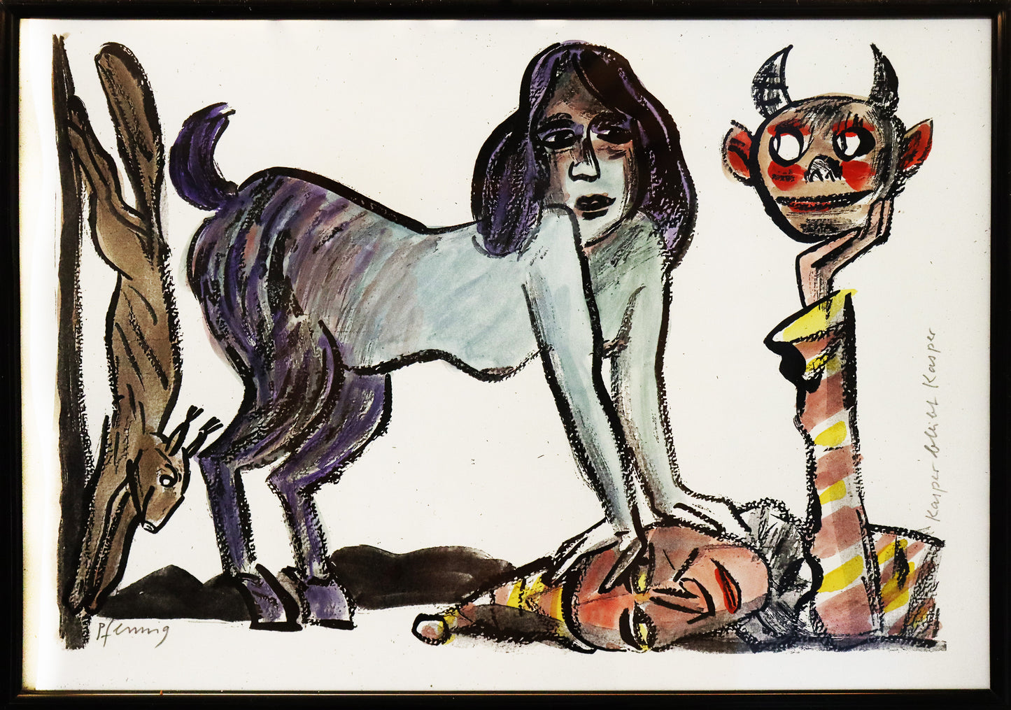 Original Mixed-Media-Malerei von Wolf-Dieter-Pfennig, Titel „Kasper bleibt Kasper“ – expressive Darstellung eines Mischwesens aus Frau und den Hnterbeinen einer Ziege, sich auf dem Kopf eines liegenden Kaspers stützend. Dieser hält eine Teufelsmaske hoch, am linken Bildrand ein Eichhörnchen. Mixed Media auf Papier, signiert, erhältlich bei Galerie Waldbach, What the Artist Made