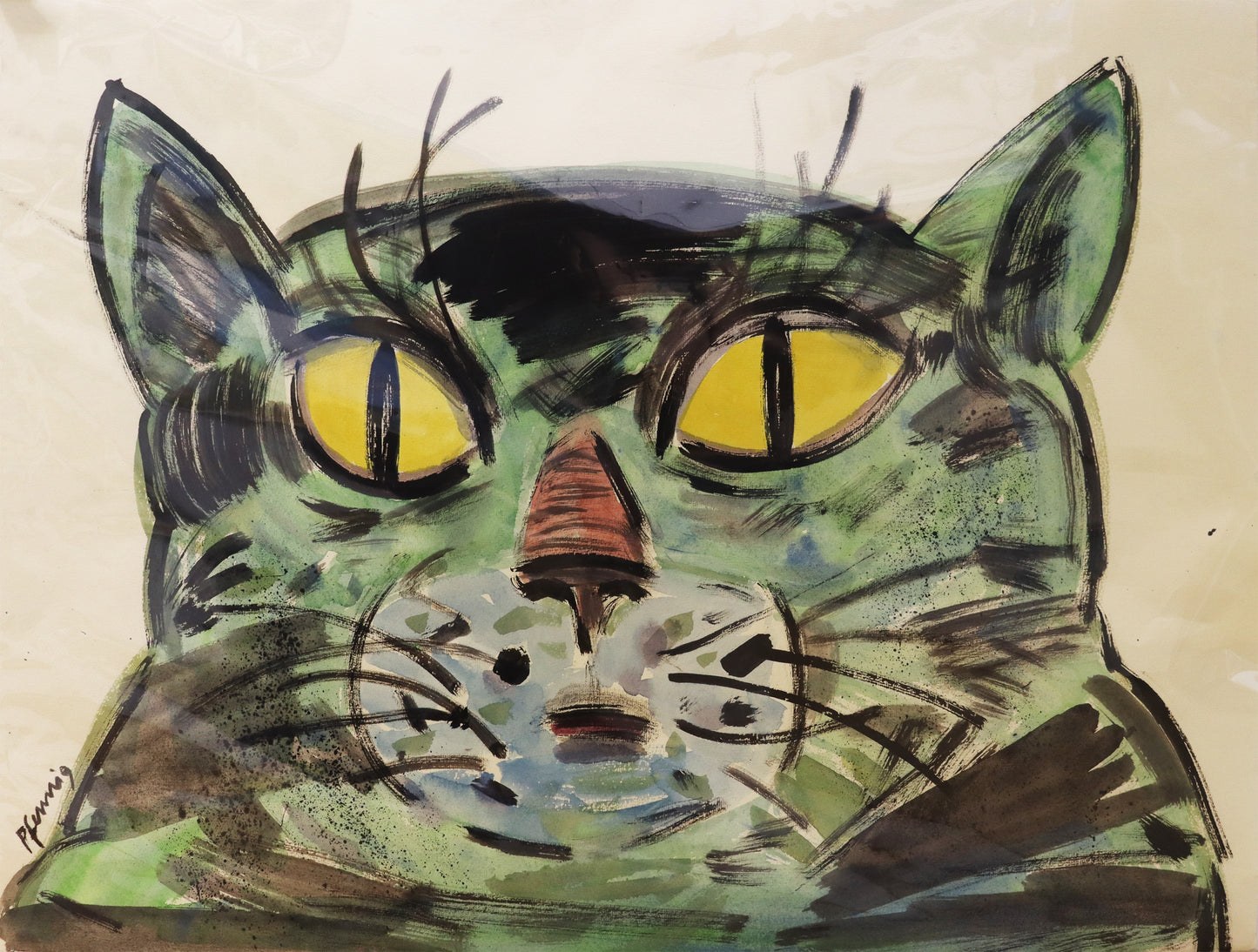 Original Mixed-Media-Malerei von Wolf-Dieter-Pfennig, Titel: „Katze“– expressives Porträt einer Katze in grün, mit Fellmuster und gelben Augen. Mixed Media auf Papier, erhältlich bei Galerie Waldbach - What The Artist Made