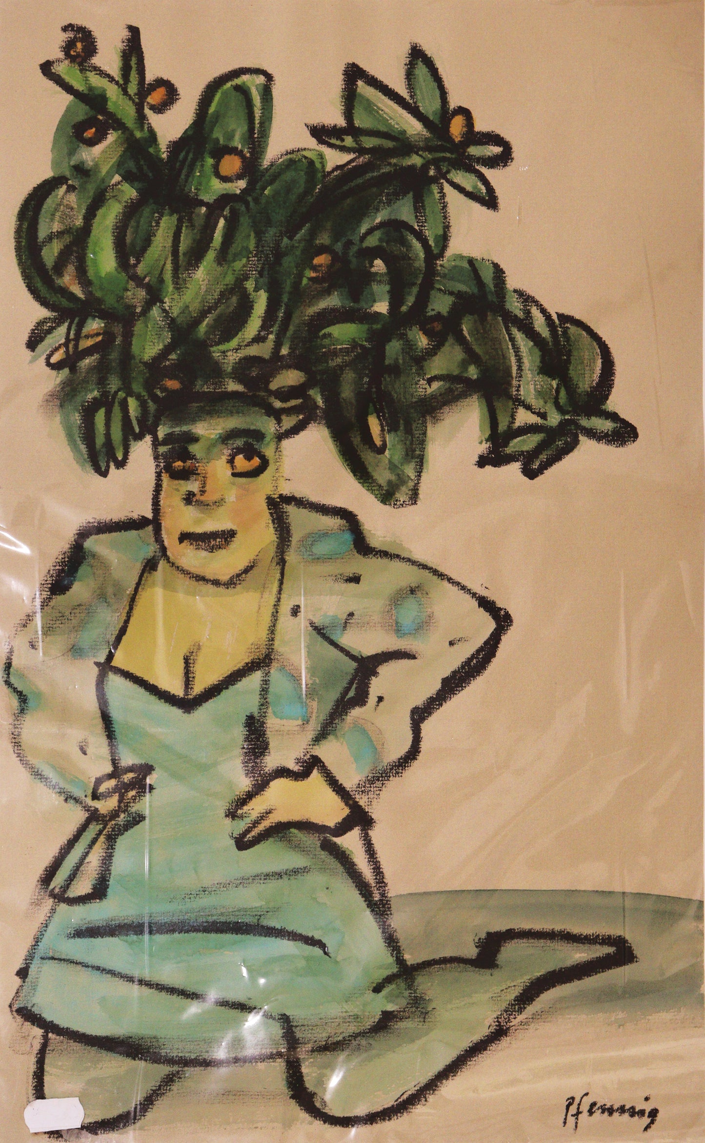 Original Mixed-Media-Malerei von Wolf-Dieter-Pfennig, Titel: „Kopfschmuck“– expressive Darstellung einer Frau, knieend, die Hände in die Hüften gestemmt. Auf ihrem Kopf trägt sie einen pflanzenartigen, floralen Kopfschmuck. Mixed Media auf Papier, signiert, erhältlich bei Galerie Waldbach - What The Artist Made