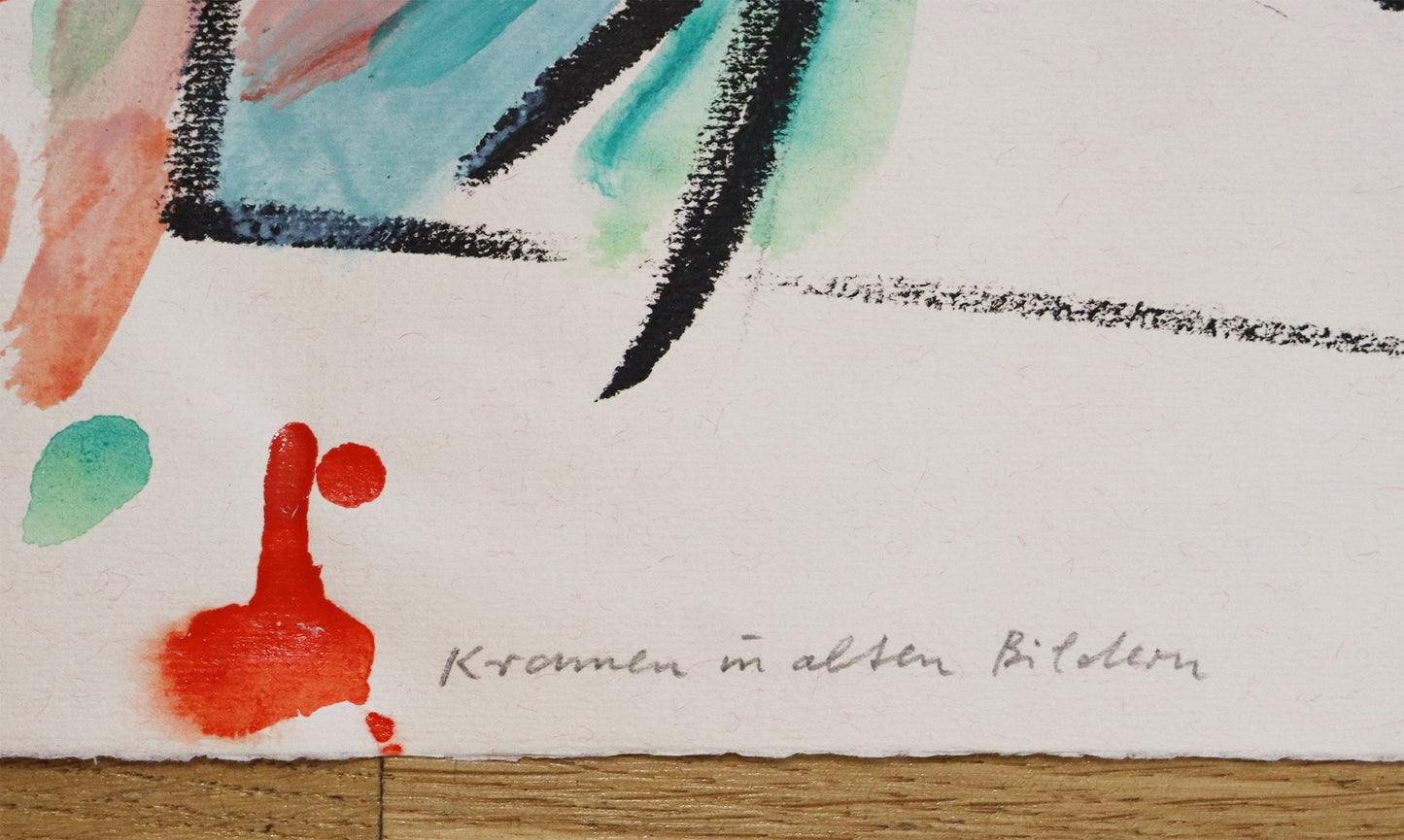 Original Mixed-Media-Malerei von Wolf-Dieter-Pfennig, Titel: „Kramen in alten Bildern“ – Detailaufnahme des Titels, aufgeschrieben am unteren Bildrand. Mixed Media auf Papier, signiert, erhältlich bei Galerie Waldbach, What the Artist Made