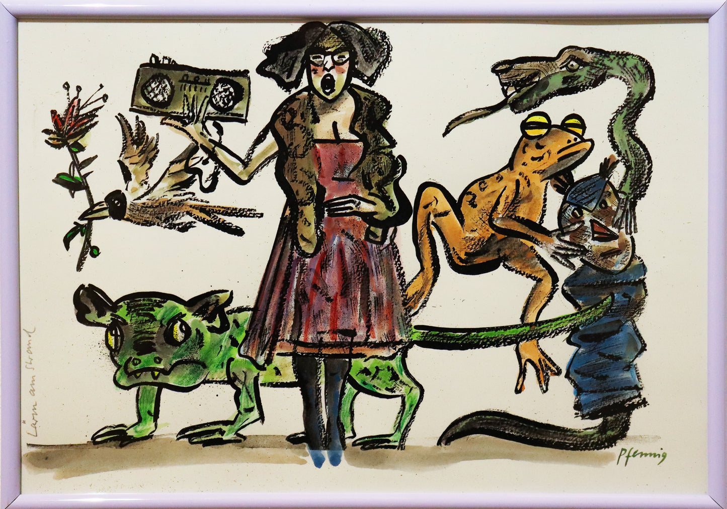 Original Mixed-Media-Malerei von Wolf-Dieter-Pfennig, Titel „Lärm am Strand“ – expressive Darstellung einer Frau im Kleid, stehend und singend, mit einem Radio in der Hand. Hinter ihr verschiedene Tiere und Fabelfiguren, sowie ein Vogel mit Blume im Schnabel. Mixed Media auf Papier, signiert, erhältlich bei Galerie Waldbach, What the Artist Made