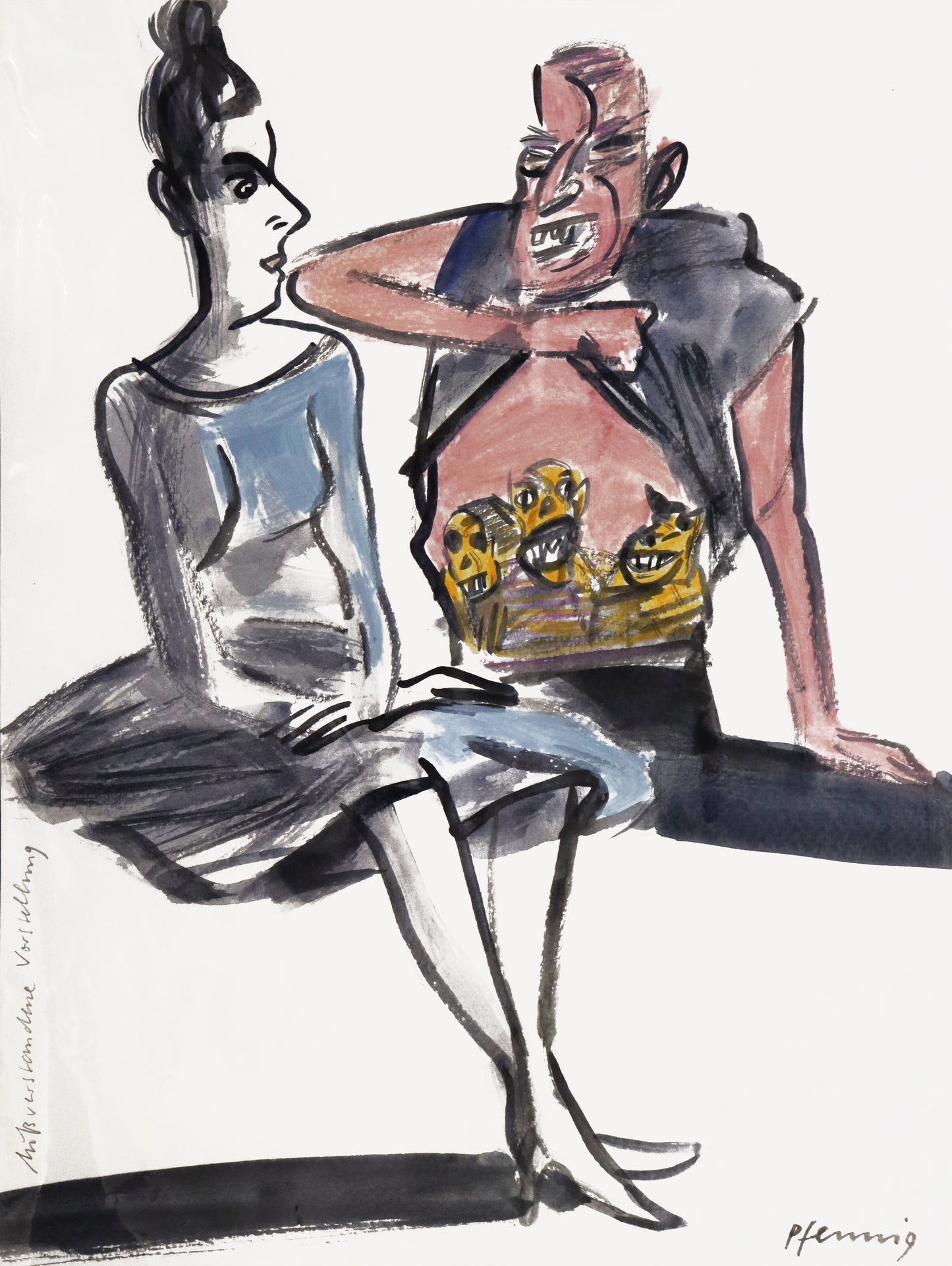 Original Mixed-Media-Malerei von Wolf-Dieter-Pfennig, Titel: „Missverstandene Vorstellung“– expressive Darstellung einer Frau im Kleid und Dutt, rechts daneben ein Mann, der sein Oberteil hebt und ihr grinsend seine Bauchtattos zeigt. Mixed Media auf Papier, signiert, erhältlich bei Galerie Waldbach - What The Artist Made