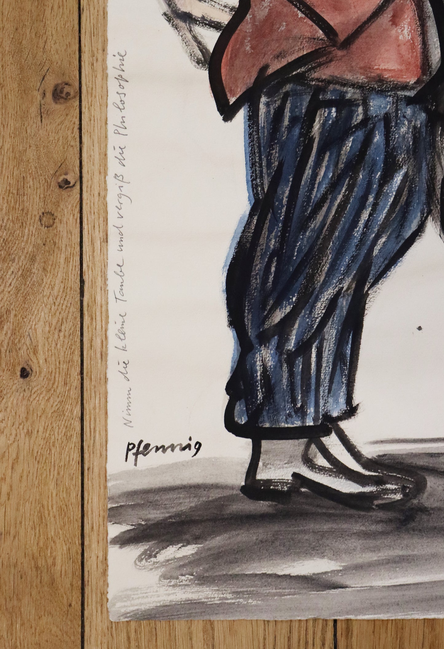 Original Mixed-Media-Malerei von Wolf-Dieter-Pfennig, Titel "Nimm die kleien Taube und vergiß die Philosophie" – Detailansicht des Titels und Signatur, aufgeschrieben am linken Bildrand. Mixed Media auf Papier, signiert, erhältlich bei Galerie Waldbach, What the Artist Made