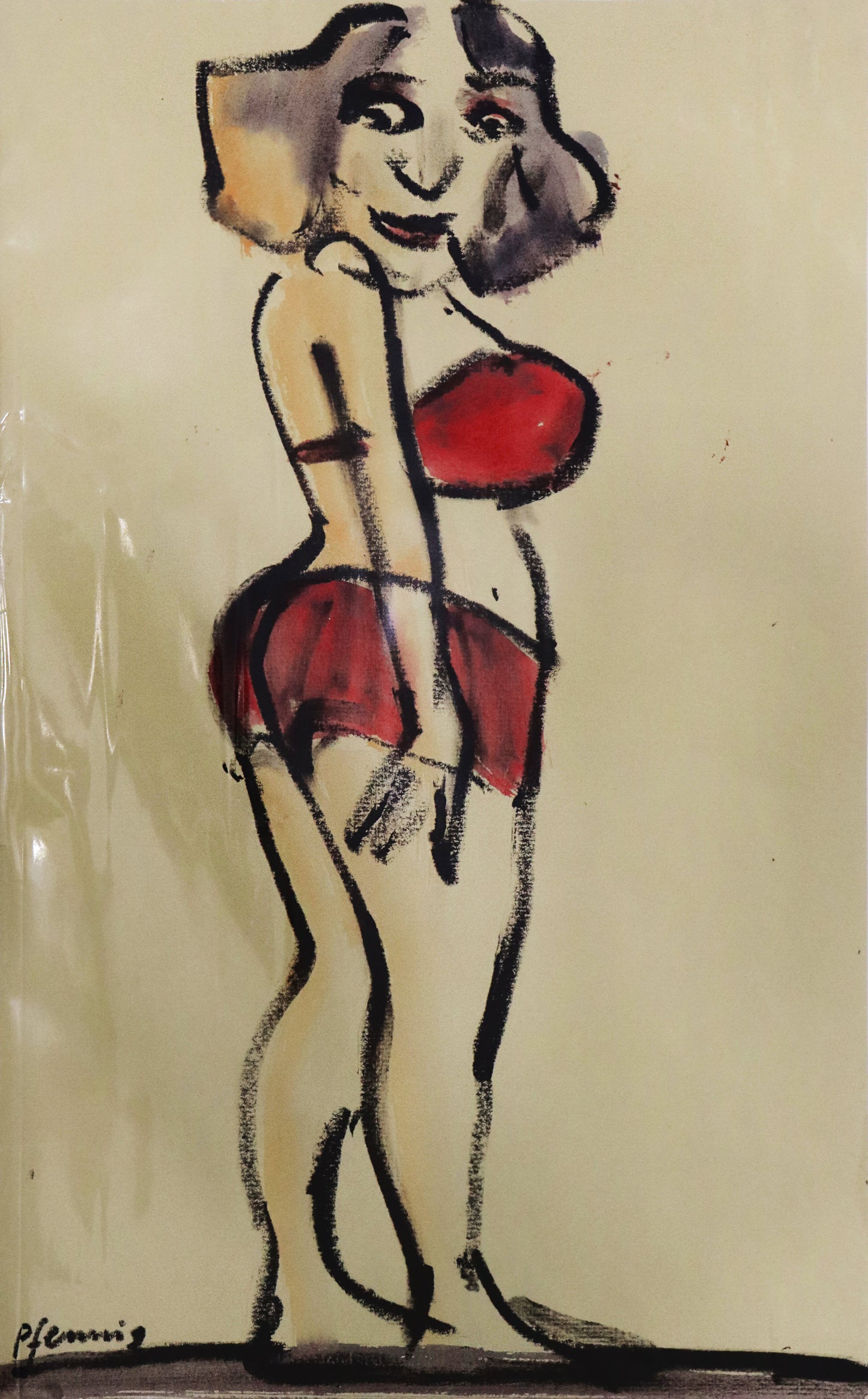 Original Mixed-Media-Malerei von Wolf-Dieter-Pfennig, Titel: „Roter Bikini“– expressive Darstellung einer Frau im roten Bikini, stehend, über die Schulter zum Betrachter schauend, lächelnd. Mixed Media auf Papier, signiert, erhältlich bei Galerie Waldbach - What The Artist Made