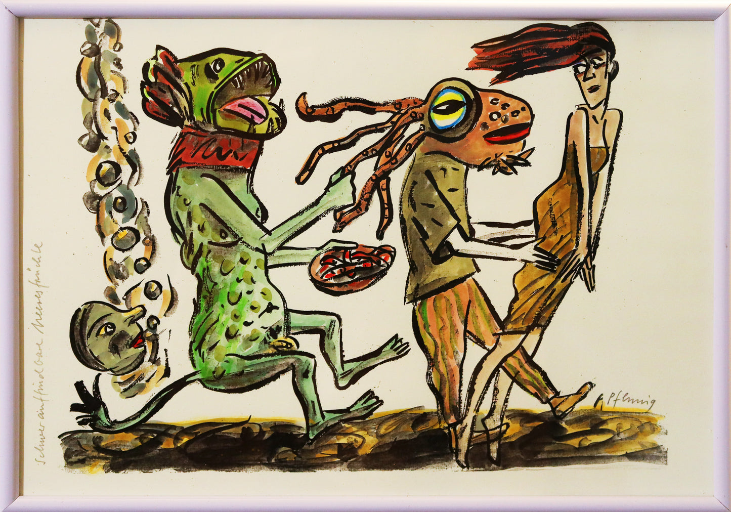 Original Mixed-Media-Malerei von Wolf-Dieter-Pfennig, Titel „Schwerauffindbare Meeresfrüchte“ – expressive Darstellung einer Frau im Kleid, in Reihe tanzend/schreitend, hinter ihr Fabelwesen, eines an ein Kappa Erinnerndes trägt einen Teller mit Fischen. Ein anderes hat einen Oktopus-Kopf. Mixed Media auf Papier, signiert, erhältlich bei Galerie Waldbach, What the Artist Made