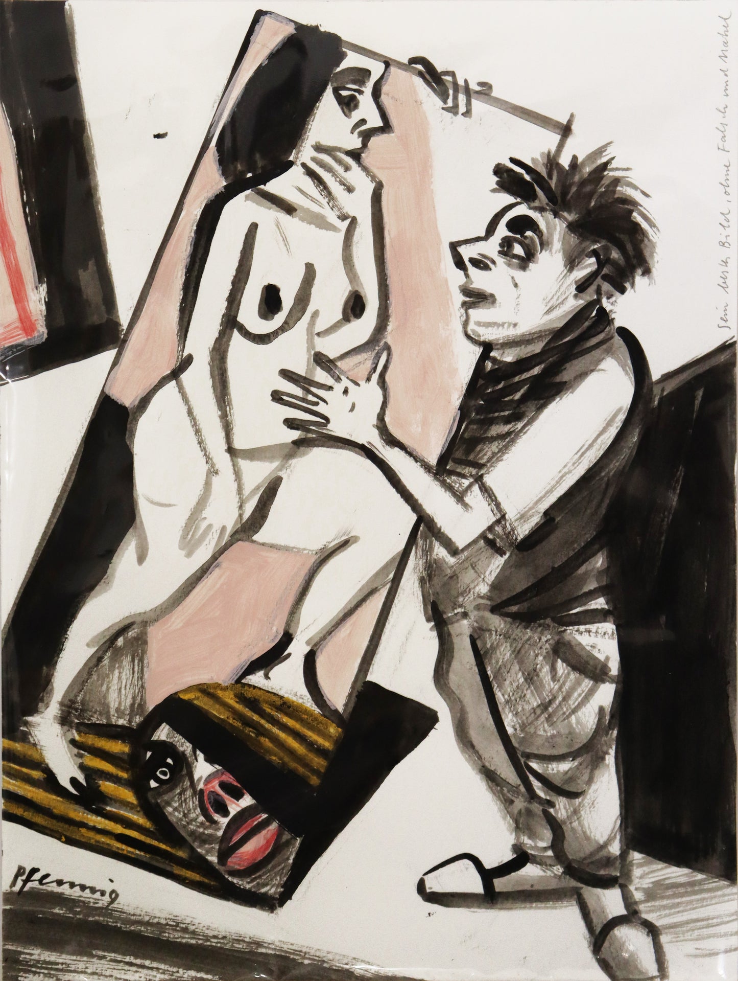 Original Mixed-Media-Malerei von Wolf-Dieter-Pfennig, Titel: „Sein bestes Bild - ohne Falsch und Makel“– expressive Darstellung eines Künstlers, sein Bild einer Frau als Akt haltend, sie blicken sich an. Mixed Media auf Papier, signiert, erhältlich bei Galerie Waldbach - What The Artist Made