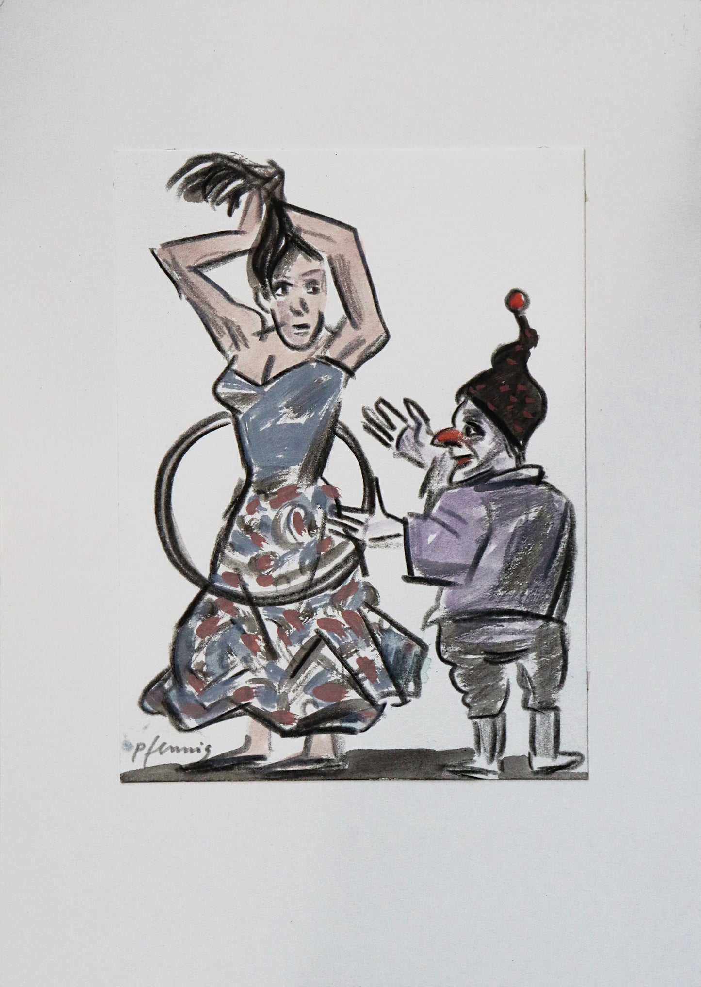 Original Mixed-Media-Malerei von Wolf-Dieter-Pfennig, ohne Titel – expressive Darstellung einer Frau im Kleid, sie hält sich die langen Haare hoch, einen Zopf bindend. Neben ihr eine Clownsfigur, die einen Turnreifen hält, der um ihre Hüfte gelegt ist. In blassen Blauviolett-Tönen und schwarz. Mixed Media auf Papier, signiert, erhältlich bei Galerie Waldbach, What the Artist Made