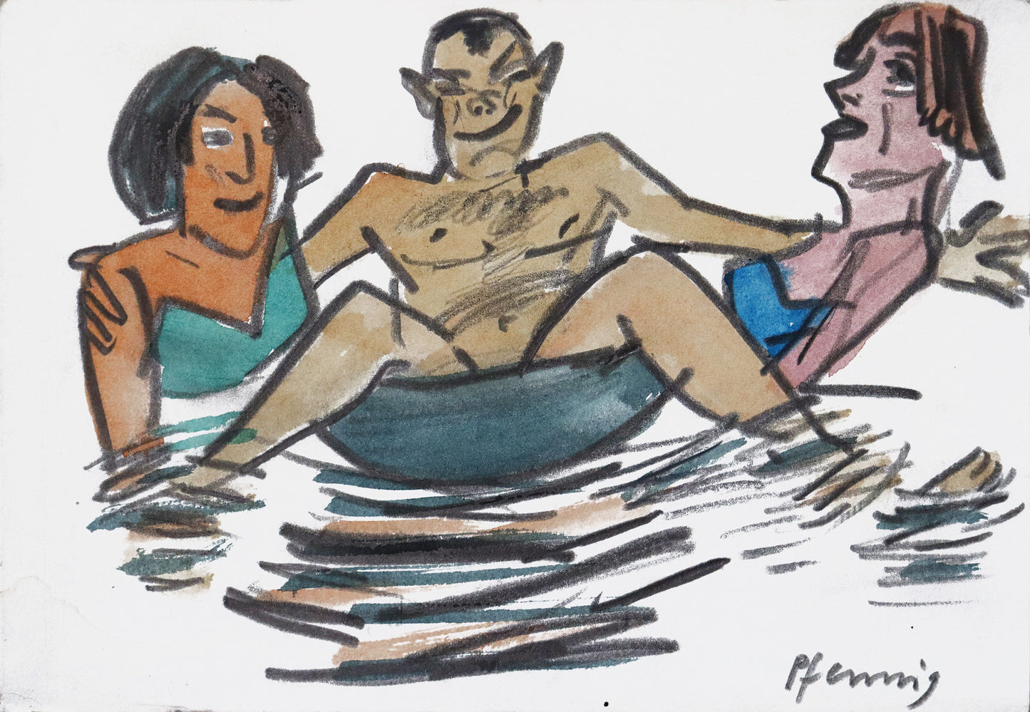 Original Mixed-Media-Malerei von Wolf-Dieter-Pfennig, ohne Titel – expressive Darstellung eines Mannes, breitbeinig im Schwimmreifen sitzend, die Arme um zwei Frauen in Badekleidung, alle drei im Wasser. Mixed Media auf Papier, signiert, erhältlich bei Galerie Waldbach, What the Artist Made