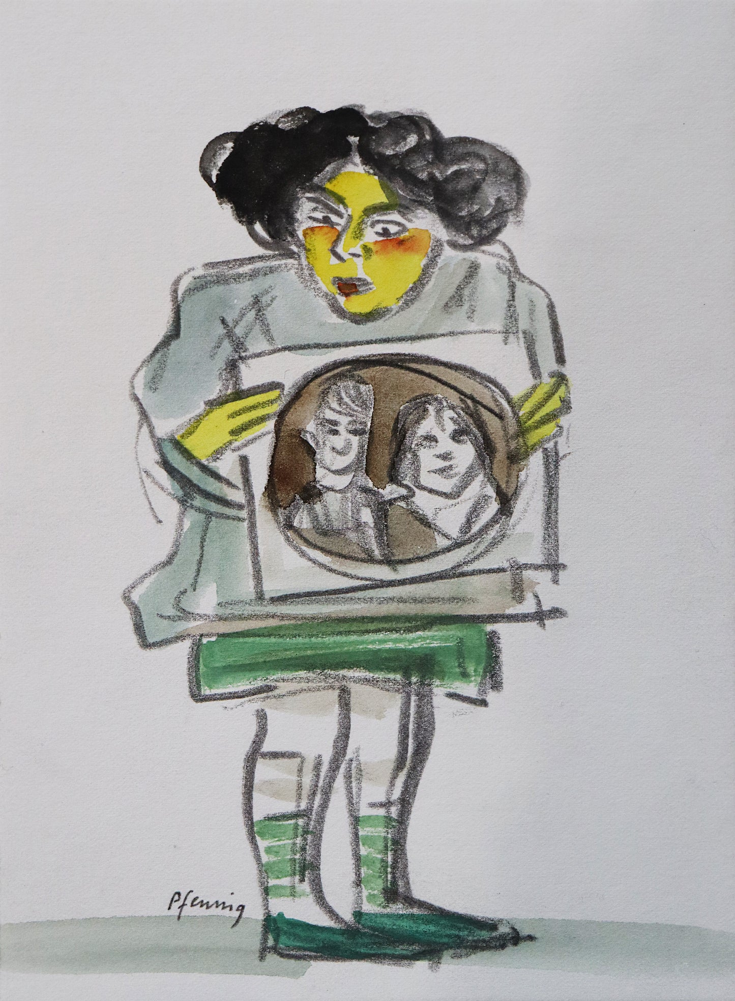 Original Mixed-Media-Malerei von Wolf-Dieter-Pfennig, ohne Titel – expressive Darstellung einer Person/Mädchen, ein Bild vor sich haltend. Sie schaut darauf, es sind zwei Personen in einer Kreisform abgebildet, wie ein Foto. Mixed Media auf Papier, signiert, erhältlich bei Galerie Waldbach, What the Artist Made