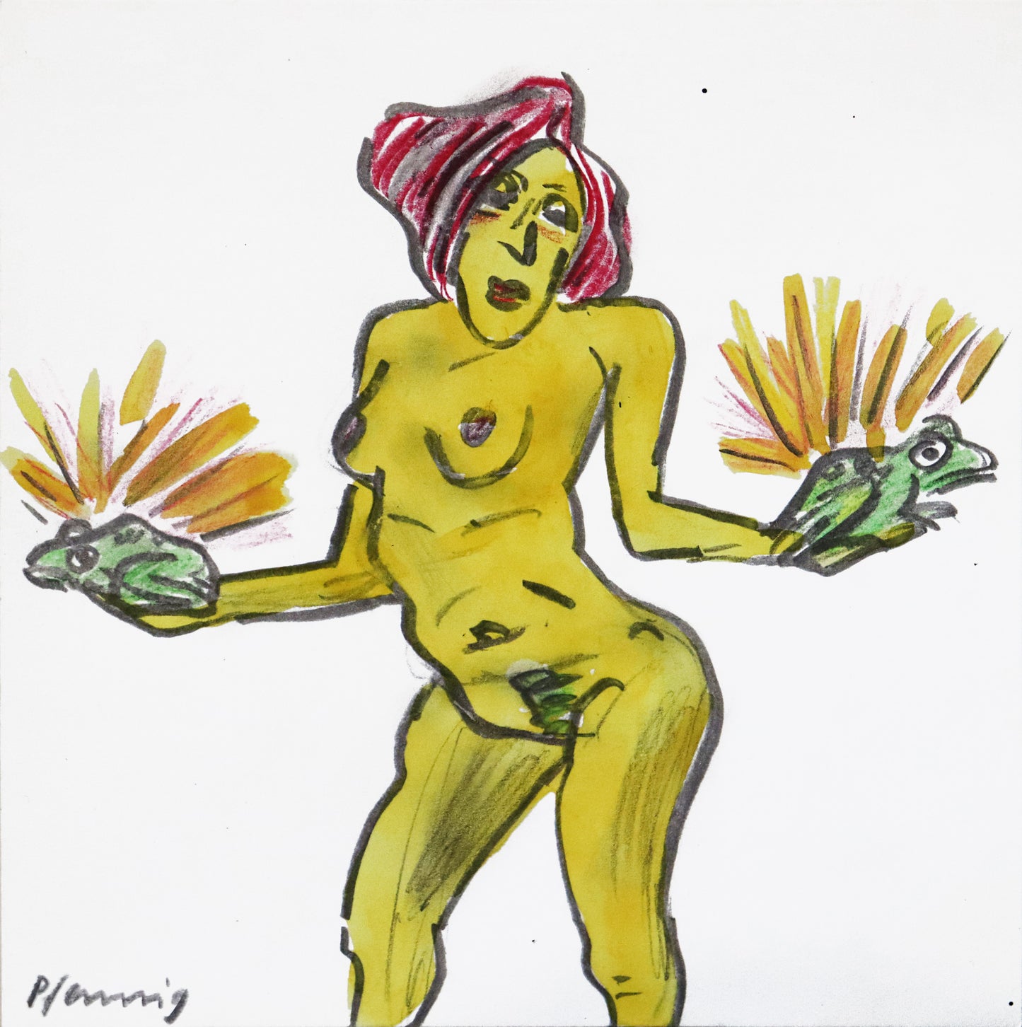 Original Mixed-Media-Malerei von Wolf-Dieter-Pfennig, ohne Titel – expressive Darstellung einer unbekleideten rothaarigen Frau, mittig stehend, in jeder Hand einen Frosch haltend. Diese strahlen ein gelbes Licht ab. Mixed Media auf Papier, signiert, erhältlich bei Galerie Waldbach, What the Artist Made