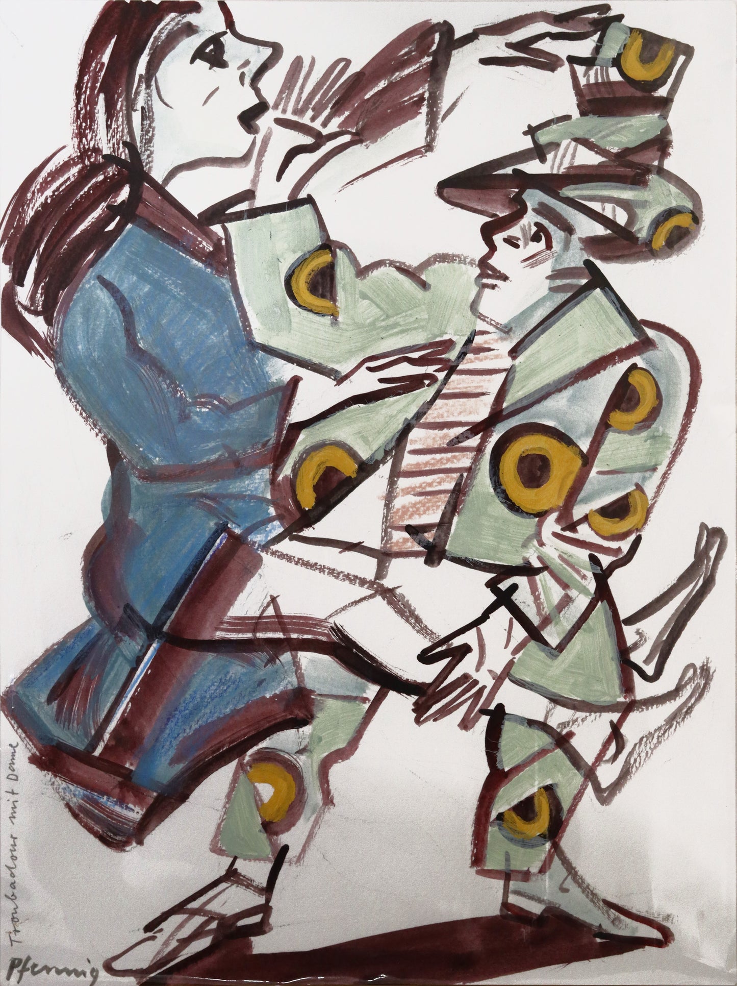 Original Mixed-Media-Malerei von Wolf-Dieter-Pfennig, Titel: „Troubadour mit Dame“– expressive Darstellung einer Frau, sitzend auf dem Knie eines Mannes im grünen Anzug mit Hut. Mixed Media auf Papier, signiert, erhältlich bei Galerie Waldbach - What The Artist Made