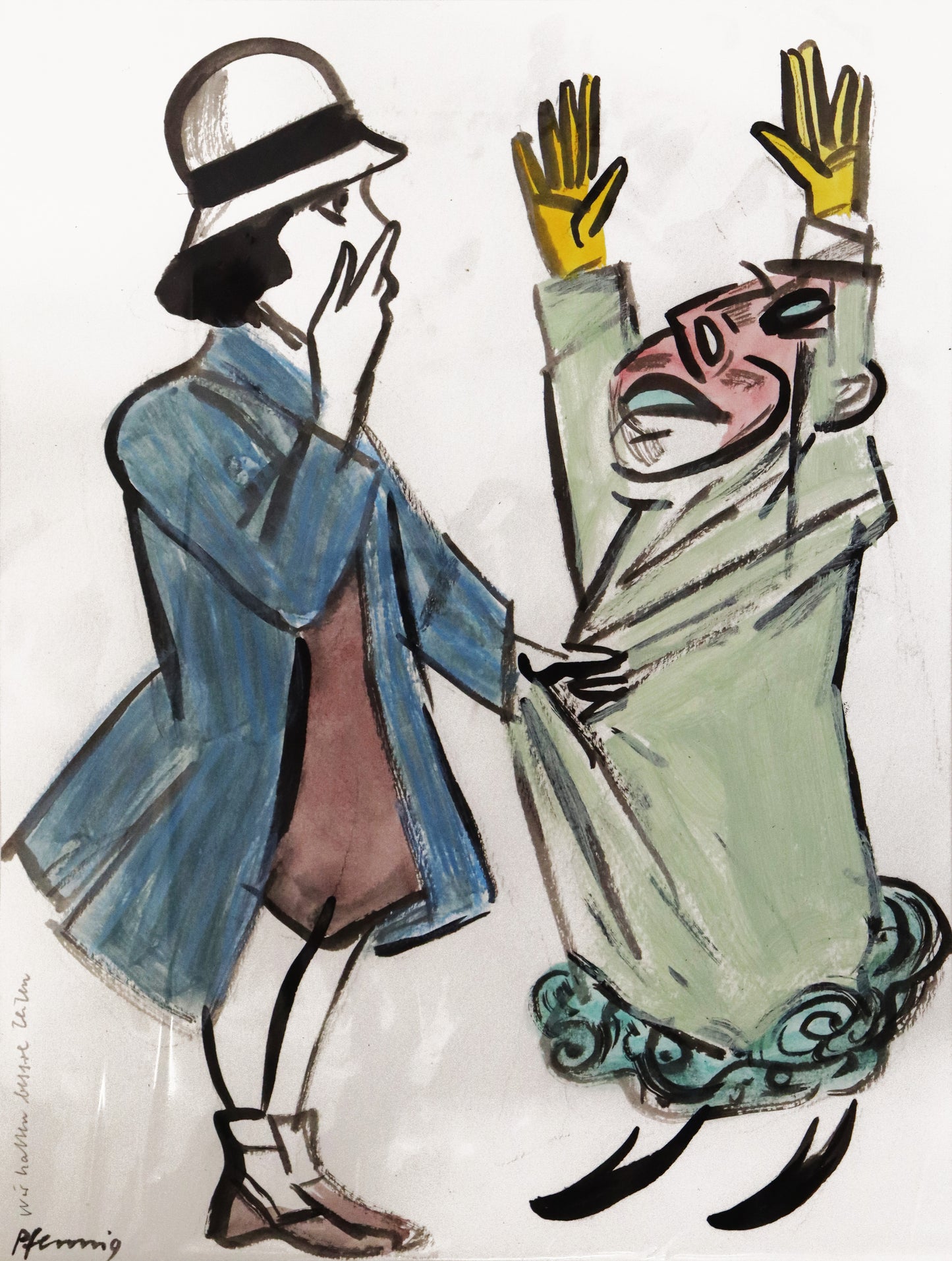 Original Mixed-Media-Malerei von Wolf-Dieter-Pfennig, Titel: „Wir hatten bessere Zeiten“– expressive Darstellung zweier Personen, die linke weiblich aussehend, die rechte im grünen Mantel, die Hände hebend. Die linke Person greift der rechten an den Mantel. Mixed Media auf Papier, signiert, erhältlich bei Galerie Waldbach - What The Artist Made
