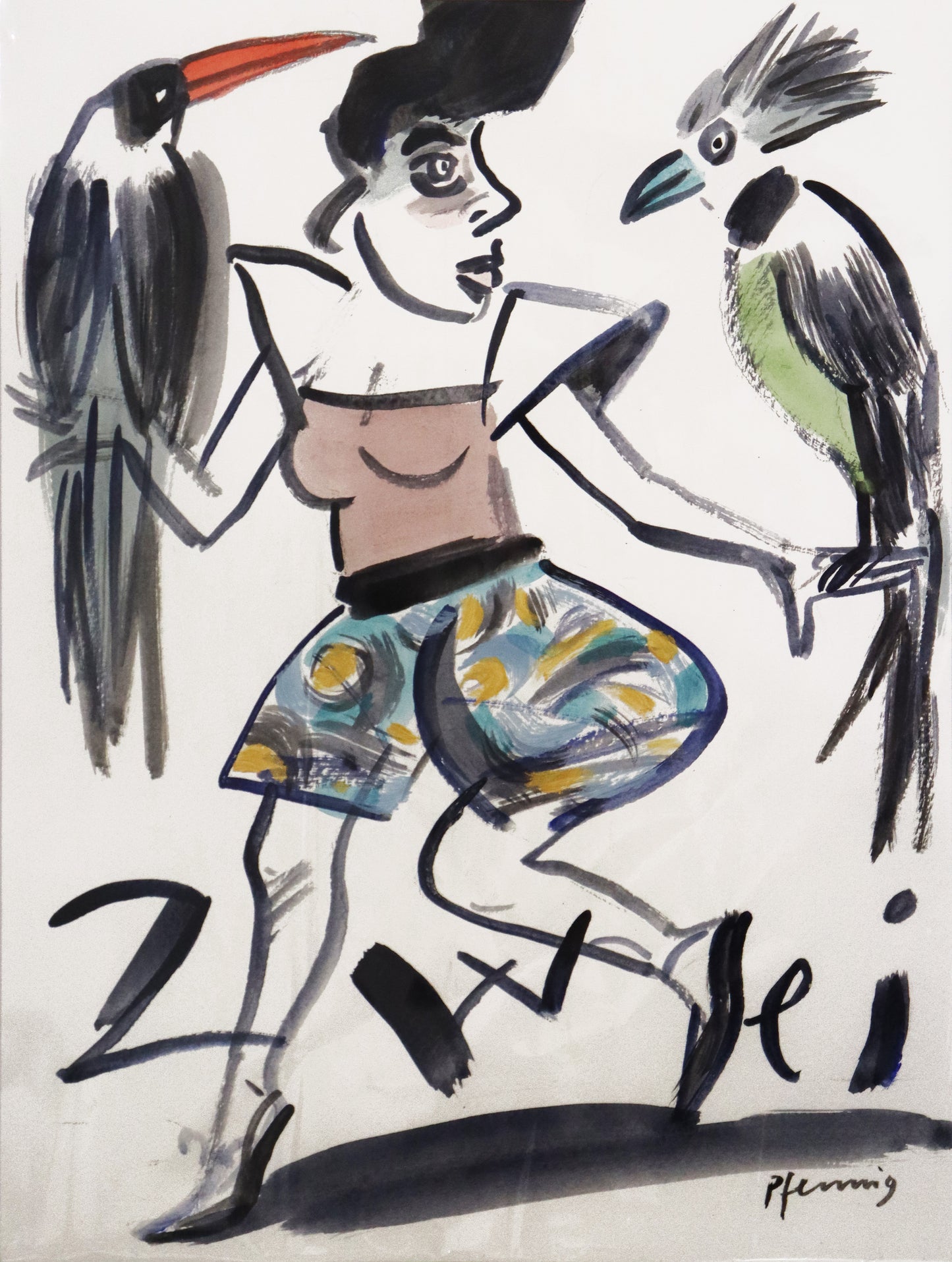 Original Mixed-Media-Malerei von Wolf-Dieter-Pfennig, Titel: „Zwei“– expressive Darstellung einer Frau, die Arme ausstreckend, stehend. Zwei große Vögel sitzen links und rechts auf ihren Händen. Zu ihren Füßen der Titel "Zwei" ausgeschrieben als Wort. Mixed Media auf Papier, signiert, erhältlich bei Galerie Waldbach - What The Artist Made