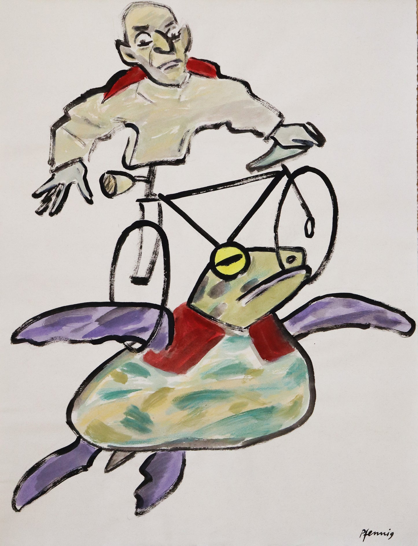 Original Mixed-Media-Malerei von Wolf-Dieter-Pfennig, ohne Titel – expressive Darstellung einer Meeresschildkröte, mit einer Flosse im Rad eines Fahrrades. Das andere Rad hat sie im Maul. Der Lenker des Fahrrades geht in den Oberkörper eines Mannes, der auf die Schildkröte schaut. Mixed Media auf Papier, signiert, erhältlich bei Galerie Waldbach, What the Artist Made