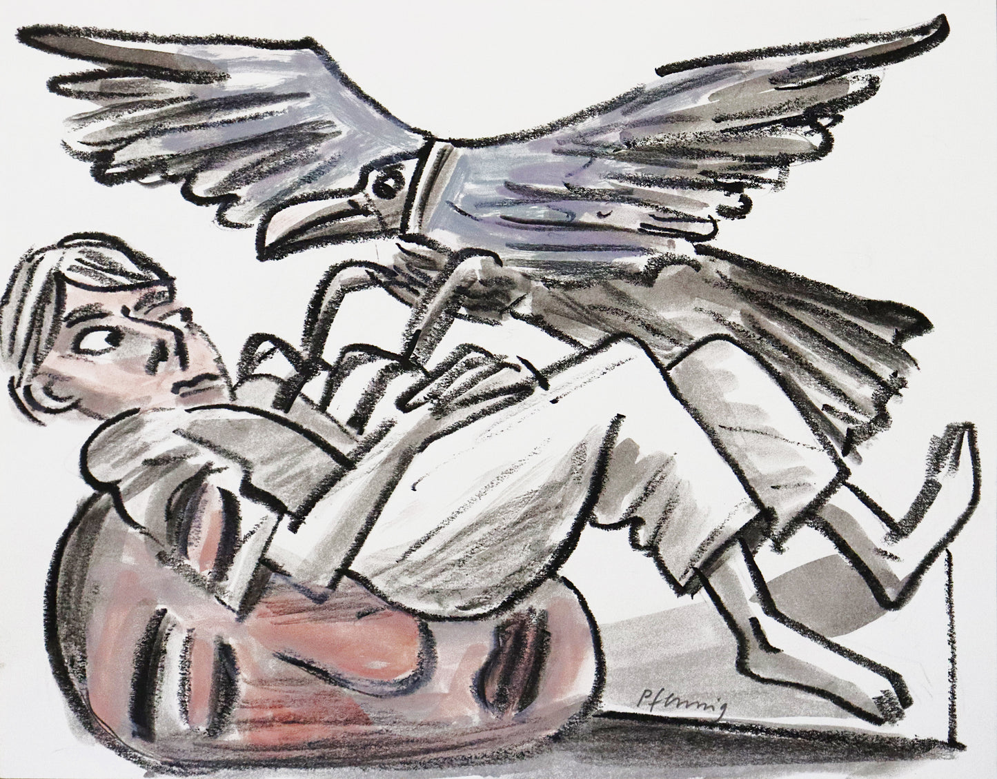 Original Mixed-Media-Malerei von Wolf-Dieter-Pfennig, ohne Titel – expressive Darstellung einer Personen auf einem großen Gesicht mit geschlossenen Augen liegend. Ein Adler fliegt nah an ihn heran, die Krallen auf seine Brust gerichtet. Mixed Media auf Papier, signiert, erhältlich bei Galerie Waldbach, What the Artist Made