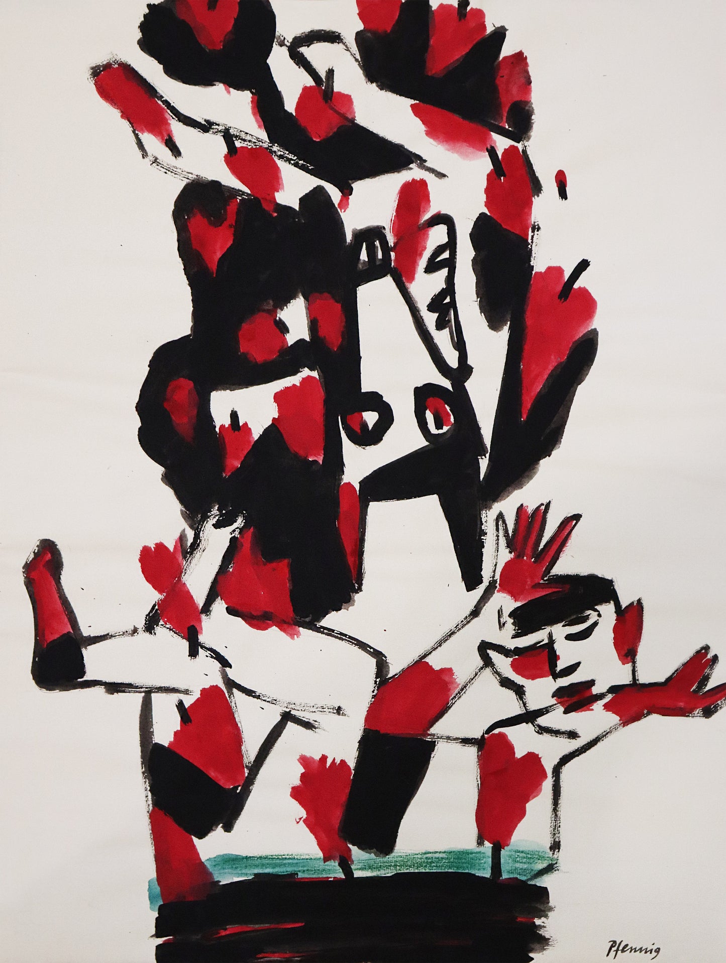 Original Mixed-Media-Malerei von Wolf-Dieter-Pfennig, ohne Titel – expressive Darstellung eines Mannes liegend, die Arme und Beine gespreizt nach oben, die Augen geschlossen. Ein Hund/Wolf schwebt/fällt über ihm. Beide haben schwarz-rote Flecken, die Flecken sind teilweise rote Äpfel. Mixed Media auf Papier, signiert, erhältlich bei Galerie Waldbach, What the Artist Made