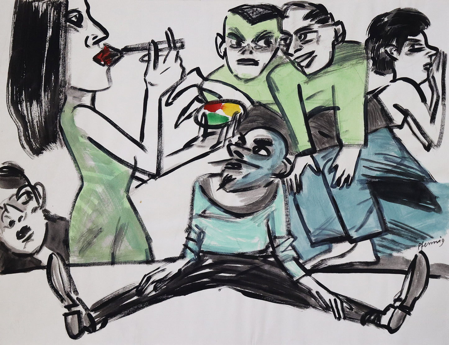Original Mixed-Media-Malerei von Wolf-Dieter-Pfennig, ohne Titel – expressive Darstellung einer Frau, umgeben von Männern, eine zweite Frau auf den Beinen zweier Männer liegend. Die stehende Frau schminkt sich die Lippen. Mixed Media auf Papier, signiert, erhältlich bei Galerie Waldbach, What the Artist Made