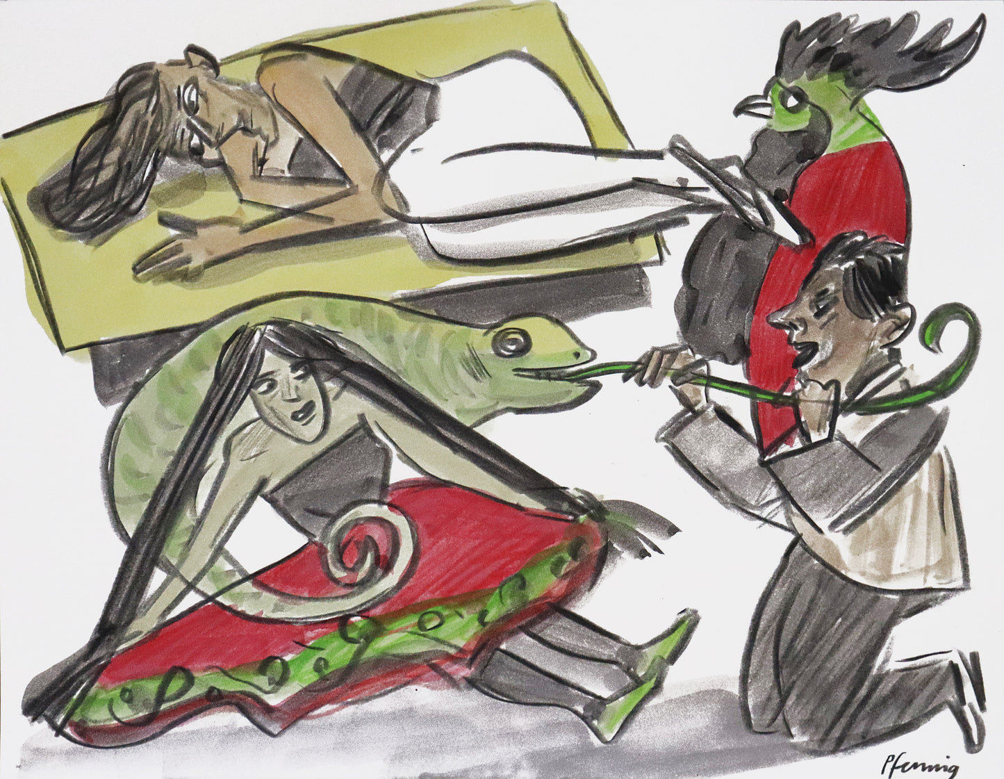 Original Mixed-Media-Malerei von Wolf-Dieter-Pfennig, ohne Titel – expressive Darstellung einer Gruppe Personen: Links oben eine liegende Frau, rechts neben ihr ein Hahn, angedeutet. Unten rechts eine Frau sitzend mit langem ausgestrecktem Haar. Um sie ein Chamäleon, an dessen Zunge ein Mann rechts daneben zieht. Mixed Media auf Papier, signiert, erhältlich bei Galerie Waldbach, What the Artist Made