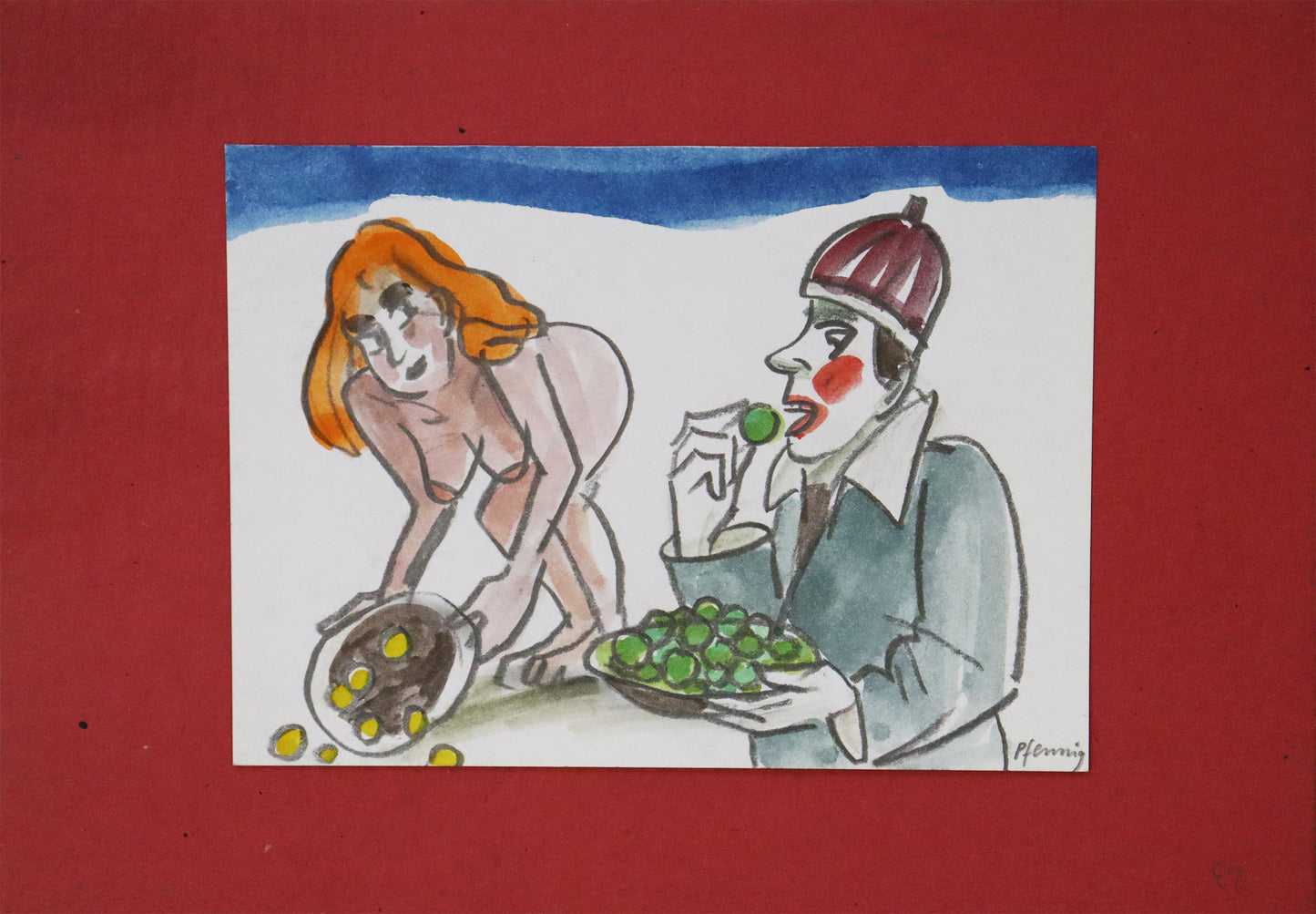 Original Mixed-Media-Malerei von Wolf-Dieter-Pfennig, ohne Titel – expressive Darstellung eines Mannes mit einer Schüssel grüner Trauben, im Hintergrund eine unbekleidete Frau, einen Teller auskippend mit gelben Trauben/Münzen. Mixed Media auf Papier, signiert, erhältlich bei Galerie Waldbach, What the Artist Made