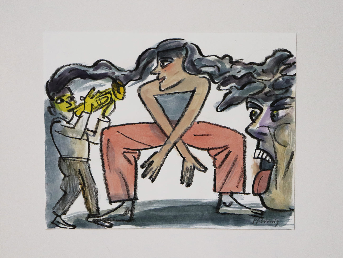 Original Mixed-Media-Malerei von Wolf-Dieter-Pfennig, ohne Titel – expressive Darstellung einer Frau , tanzend, die Beine im rechten Winkel zur Seite gestreckt. Ihr schwarzes Haar geht links und rechts von ihr über in einen Mann, der Trompete spielt und ein großes Gesicht, mit rausgestreckter Zunge. Mixed Media auf Papier, signiert, erhältlich bei Galerie Waldbach, What the Artist Made