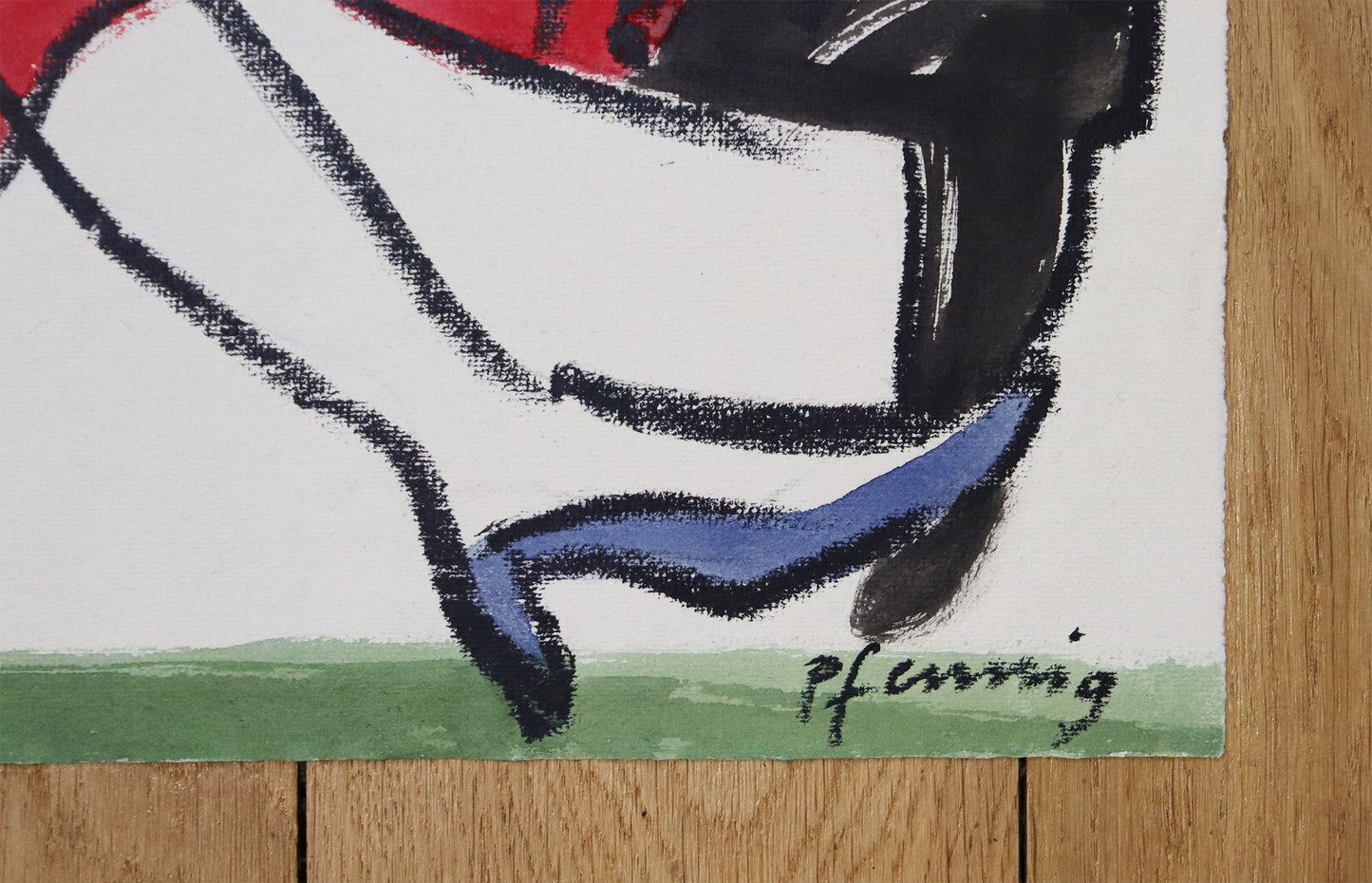 Original Mixed-Media-Malerei von Wolf-Dieter-Pfennig, ohne Titel – Detailansicht der Signatur am rechten Bildrand. Mixed Media auf Papier, signiert, erhältlich bei Galerie Waldbach, What the Artist Made
