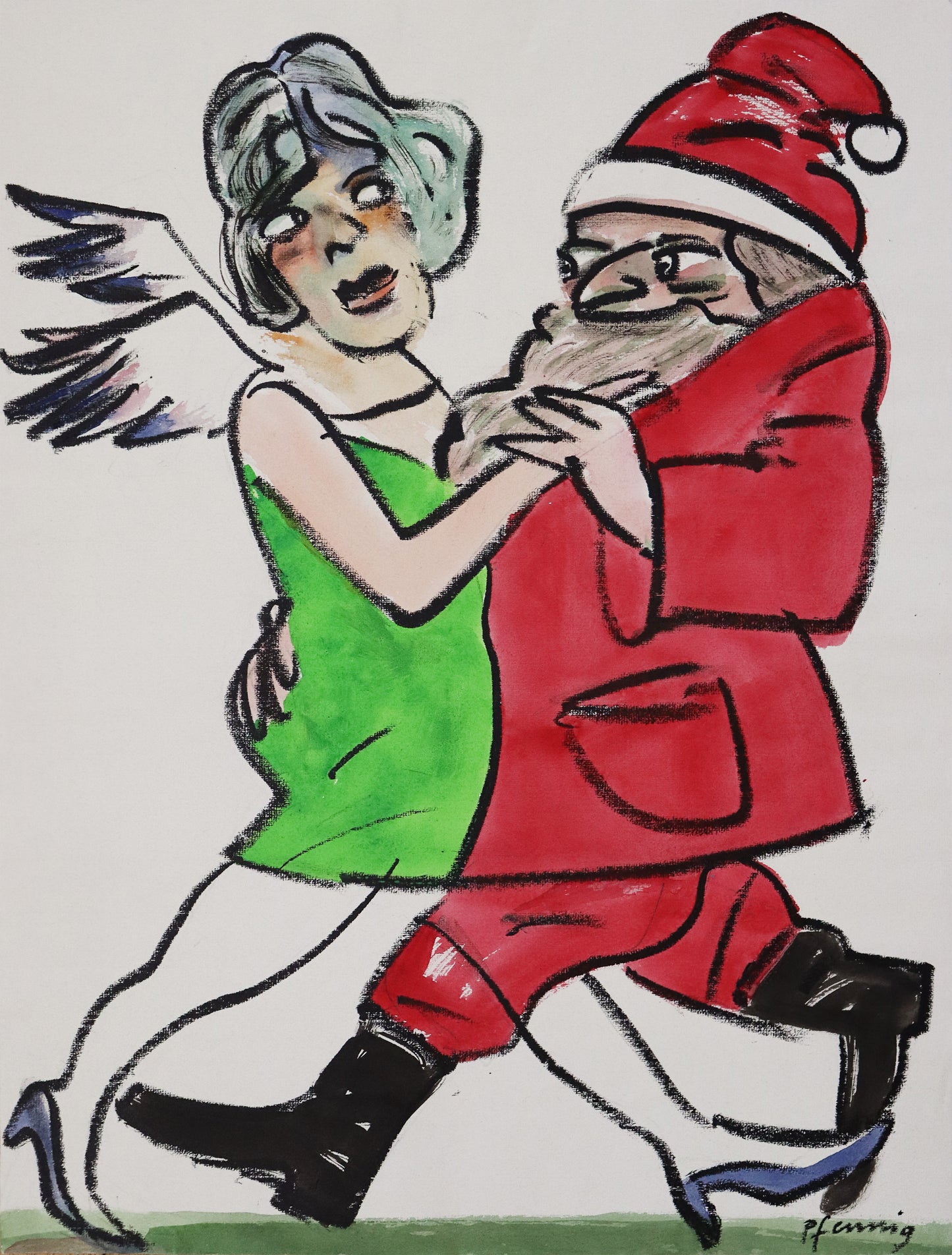 Original Mixed-Media-Malerei von Wolf-Dieter-Pfennig, ohne Titel – expressive Darstellung einer Frau, Engelsflügel auf dem Rücken, tanzend mit einer Person, die gekleidet ist wie der Weihnachtsmann. Mixed Media auf Papier, signiert, erhältlich bei Galerie Waldbach, What the Artist Made