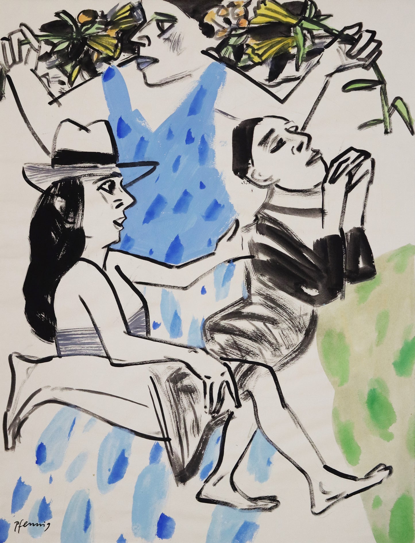 Original Mixed-Media-Malerei von Wolf-Dieter-Pfennig, ohne Titel – expressive Darstellung einer Dreiergruppe. Eine Frau im blauen Kleid stehend, mit Blumen in den Händen neben ihrem Kopf. Davor eine Frau sitzend, eine dritte Figur auf dem Schoß, welche die Hände gebetsartig erhebt. Mixed Media auf Papier, signiert, erhältlich bei Galerie Waldbach, What the Artist Made