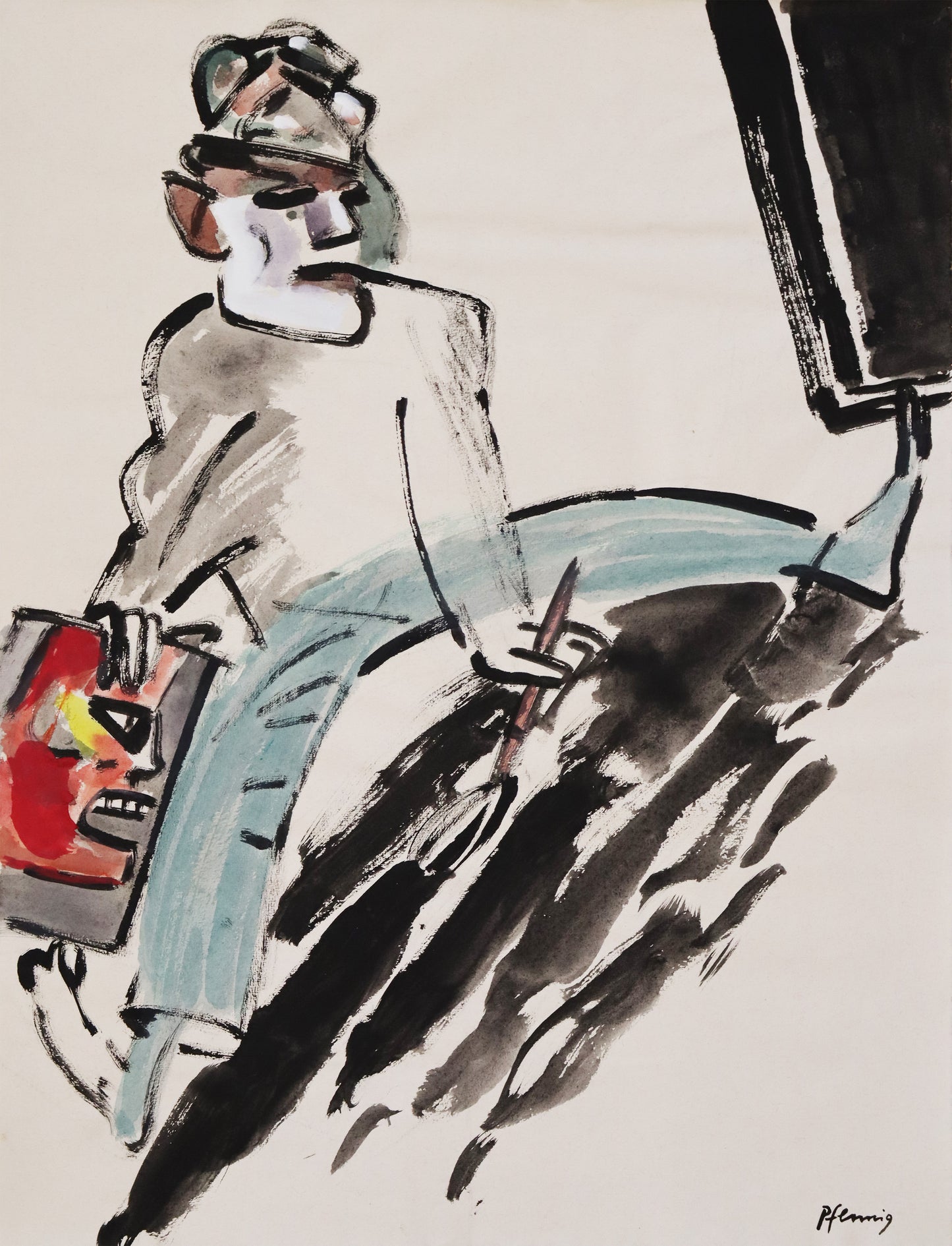 Original Mixed-Media-Malerei von Wolf-Dieter-Pfennig, ohne Titel – expressive Darstellung eines Mannes breitbeinig auf dem Boden sitzend, er hält ein Bild in der Hand. Mit dere anderen Hand malt er mit einem Pinsel auf dem Boden. Mixed Media auf Papier, signiert, erhältlich bei Galerie Waldbach, What the Artist Made