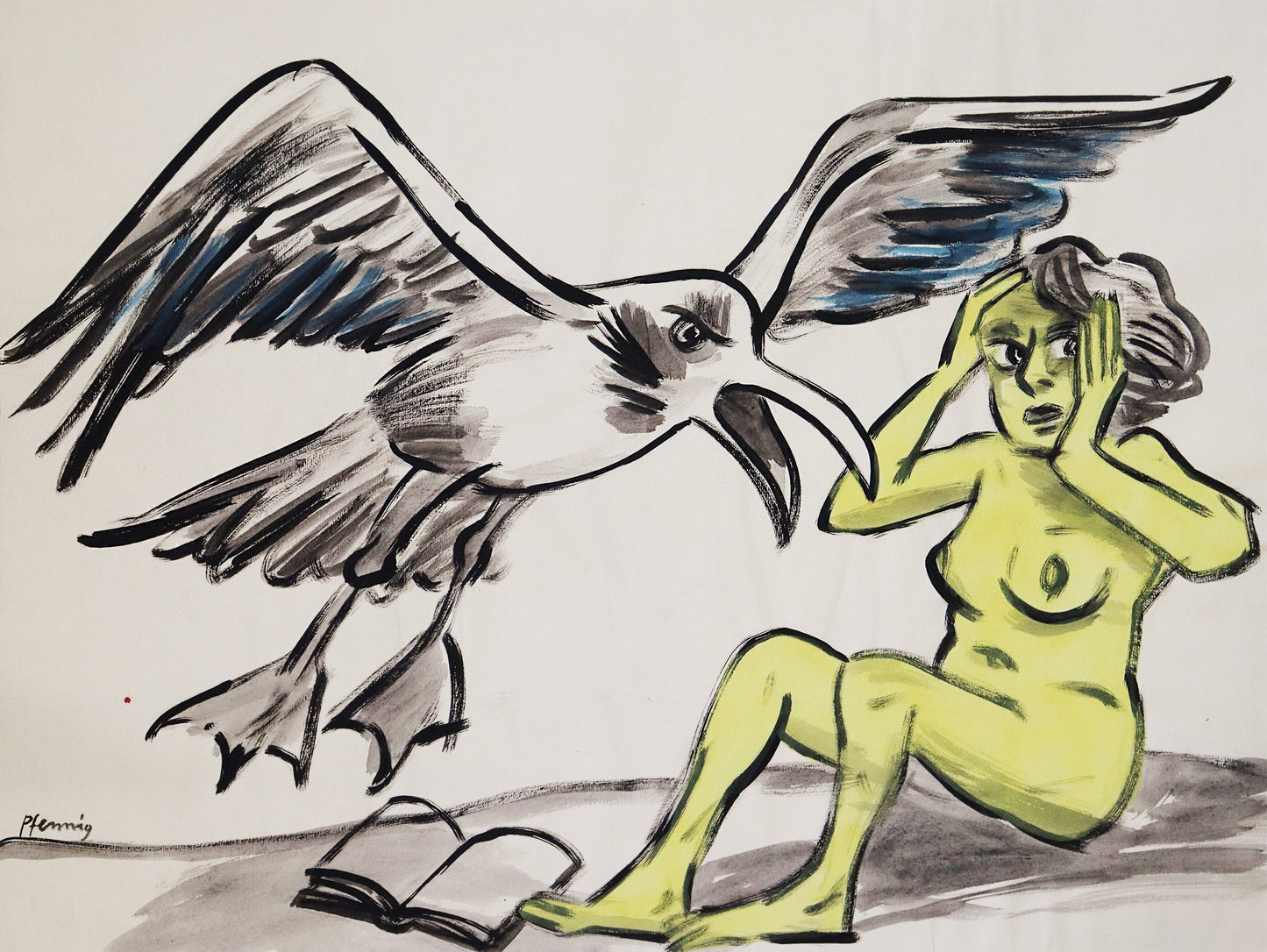 Original Mixed-Media-Malerei von Wolf-Dieter-Pfennig, ohne Titel – expressive Darstellung einer großen Möwe, diemit offenem Schnabel auf eine unbekleidete Frau, mit Gelb dargestellt, zufliegt. Die Frau hält ihre Hände an den Kopf. Vor ihr ein offenes Buch. Mixed Media auf Papier, signiert, erhältlich bei Galerie Waldbach, What the Artist Made