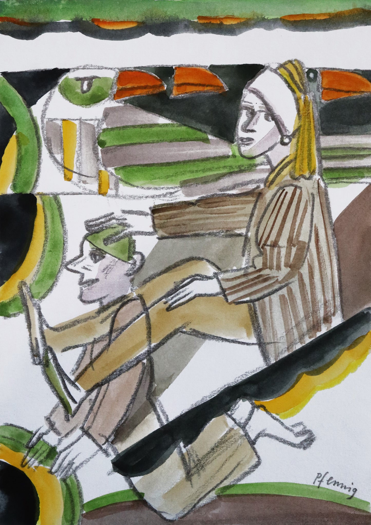 Original Mixed-Media-Malerei von Wolf-Dieter-Pfennig, ohne Titel – expressive Darstellung einer Frau, sitzend, Kopf und Kopfschmuck erinnern an das Gemälde Vermeers "Mädchen mit dem Perlenohrring". Sie legt ihre Hand auf einen Mann vor ihr, knieend. Im Hintergrund Andeutungen von Vögeln. Mixed Media auf Papier, signiert, erhältlich bei Galerie Waldbach, What the Artist Made