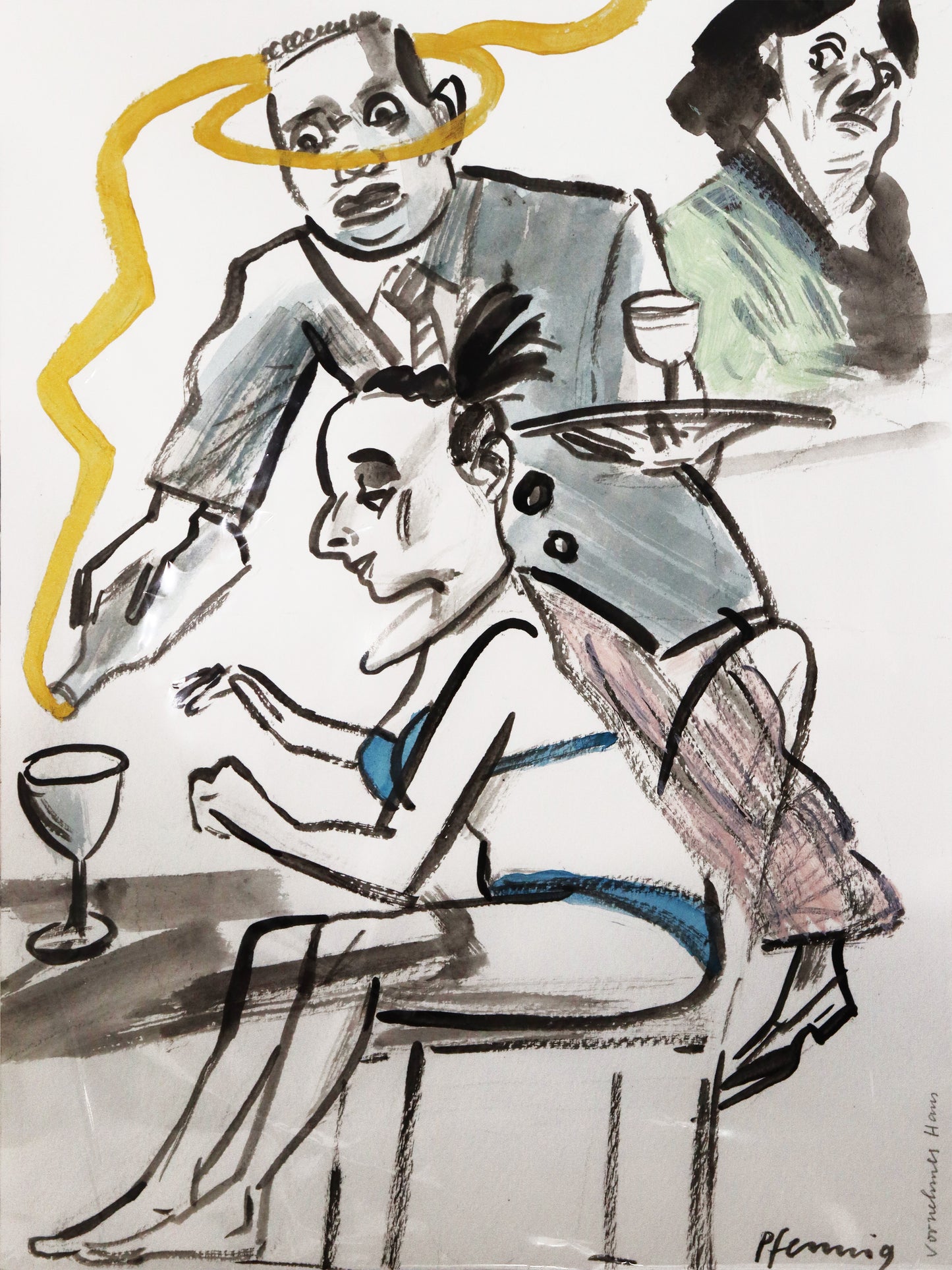 Original Mixed-Media-Malerei von Wolf-Dieter-Pfennig, Titel: „Vornehmes Haus“– expressive Darstellung einer Frau, sitzend im blauen Bikini am Tisch, dahinter ein Kellner/Angestellter ein Glas füllend. Aus der Flasche kommt goldene Farbe und schwebt um seinen Kopf, dahinter eine Frau skeptisch auf die Szene blickend. Mixed Media auf Papier, signiert, erhältlich bei Galerie Waldbach - What The Artist Made