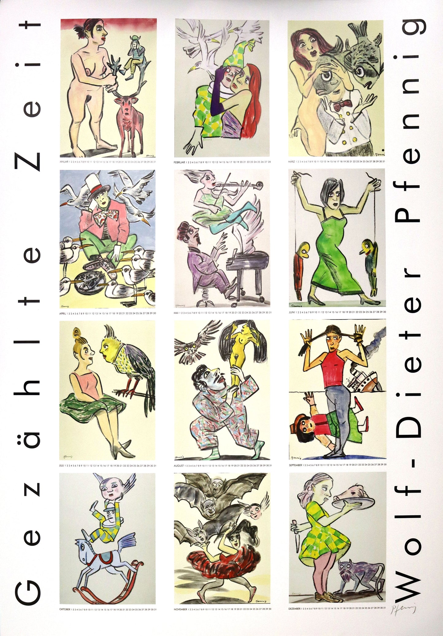 Plakat, handsigniert von Wolf-Dieter-Pfennig, Titel „Gezählte Zeit“ – Sammlung von Werken von Pfennig als Kalenderblatt, Anordung von je drei Werken in 4 Reihen von Januar bis Dezember, mit jeweils kalendarischen Tagen darunter, ewiger Kalender. An der Seite links der Titel, rechts Pfennigs Name, darunter Signatur, erhältlich bei What The Artist Made.