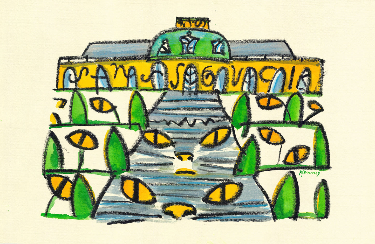 Plakat, handsigniert von Wolf-Dieter-Pfennig, Titel „Katzenaugen Sanssouci“ – expressive Darstellung einer Ansicht vom Schloss Sanssouci mit "Sanssouci" Beschriftung im Schloss. Katzenaugen überall in der umgebenden Parklandschaft und Andeutung von zwei Katzengesichtern im Aufgang zum Schloss. Potsdam Parklandschaft und historische Architektur, Bildelemente in grün und gelb gedruckt, erhältlich bei What The Artist Made