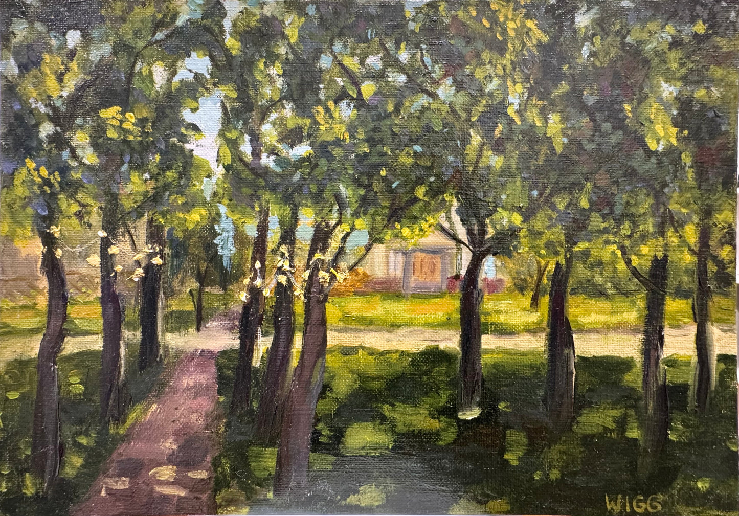 Original Öl-Malerei, Gemälde von Anastasia Wiggert, Titel „Sommer in Sanssouci“ – Park-Landschaft mit barocker Stadt-Architektur, schattige Bäume im Vordergrund, Parkgebäude im Hintergrund im Sonnenlicht, Öl auf Platte, erhältlich bei What The Artist Made