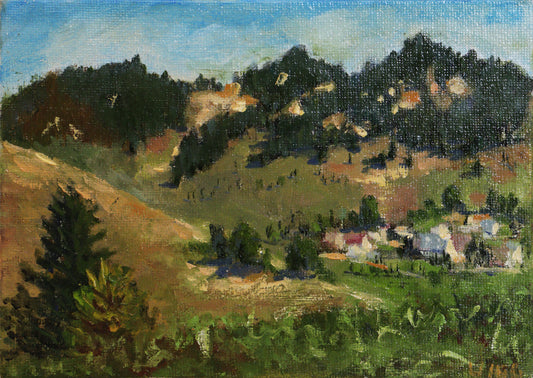 Original Öl-Malerei, Gemälde von Anastasia Wiggert, Titel „Schwarzwald im Herbst“ – impressionistischer Blick auf die eine Schwarzwaldlandschaft mit Bergen, Wald und Dörfern. Öl auf Platte, erhältlich bei Galerie Waldbach - What The Artist made