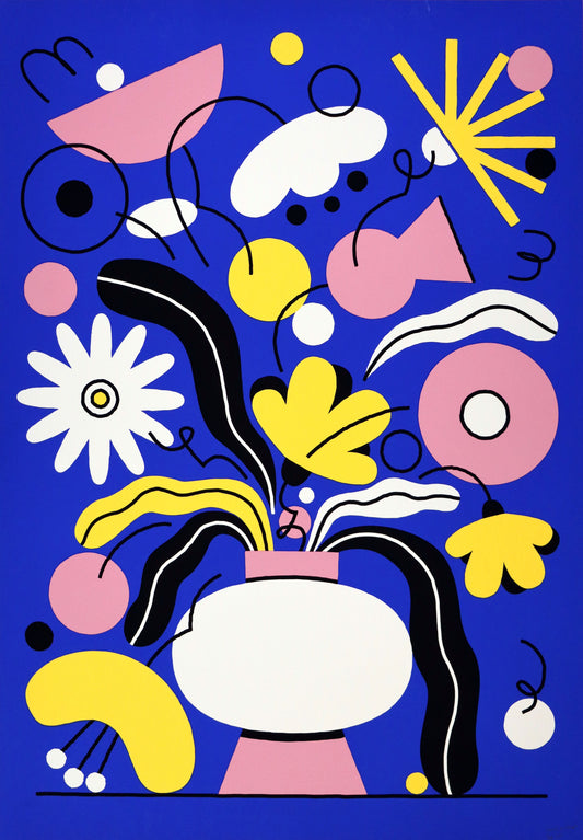 Plakat, signiert von Anne Albert, Titel „Bouquet“ – modern abstraktes Blumen Stillleben, Linien und Flächen, 4 Farben Siebdruck, Neon Gelb, Pink, Blau, Schwarz, erhältlich bei What The Artist Made.