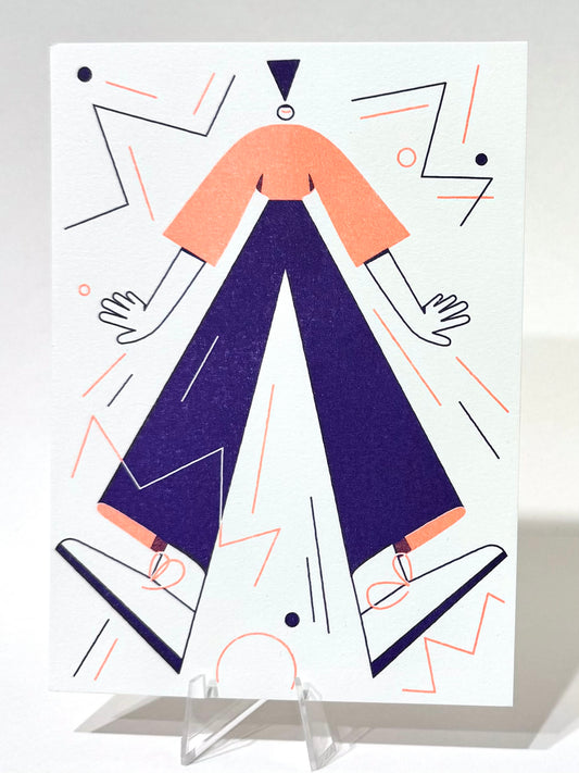 Riso Druck von Anne Albert, Titel „jump“. Reduzierte, illustrative Darstellung einer Person/Frau, springend, um sie herum Linienelemente, die Bewegung, Dynamik andeuten. Bildelemente gedruckt in orange und blauviolett, Risoprint Druck auf Papier , erhältlich bei What The Artist made