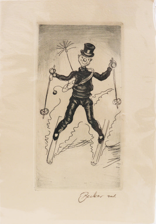 Radierung, signiert von Becker  – Radierung auf Büttenpapier mit Büttenrand, Darstellung eines Schornsteinfegers, teilweise comic-haft, illustriert. Er fährt Ski, die Stellung der Beine wie einen Hang herabfahrend. Unterhalb der Radierung Signatur. Erhältlich bei Galerie Waldbach - What The Artist Made
