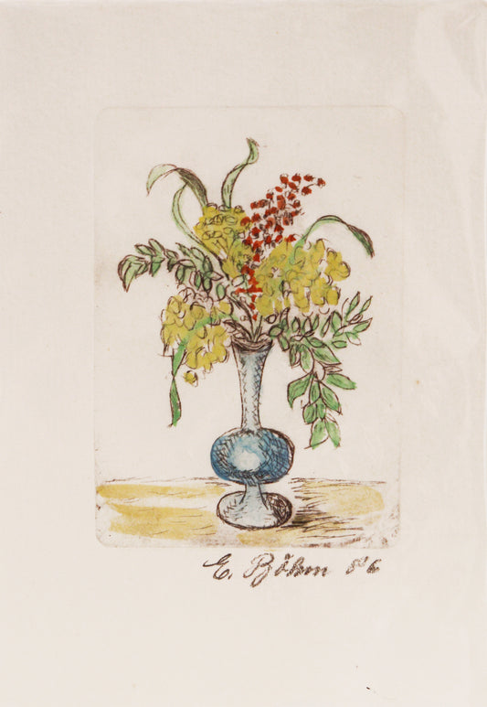 Radierung, signiert von E./C. Böhm 86,  – Radierung auf Büttenpapier mit Büttenrand, Stillleben mit Vase, Unten rund mit schmalem Hals, daraus ein großes Bouquet ragend mit Blättern und Blüten. Die Vase steht auf einem angedeuteten Grund. Unterhalb der Radierung Signatur und vermutlich Jahreszahl (86). Monotypie, da die Radierung um Farbe ergänzt wurde: blaue Vase, gelbe und  rote Blüten, grüne Blätter.  Erhältlich bei Galerie Waldbach - What The Artist Made