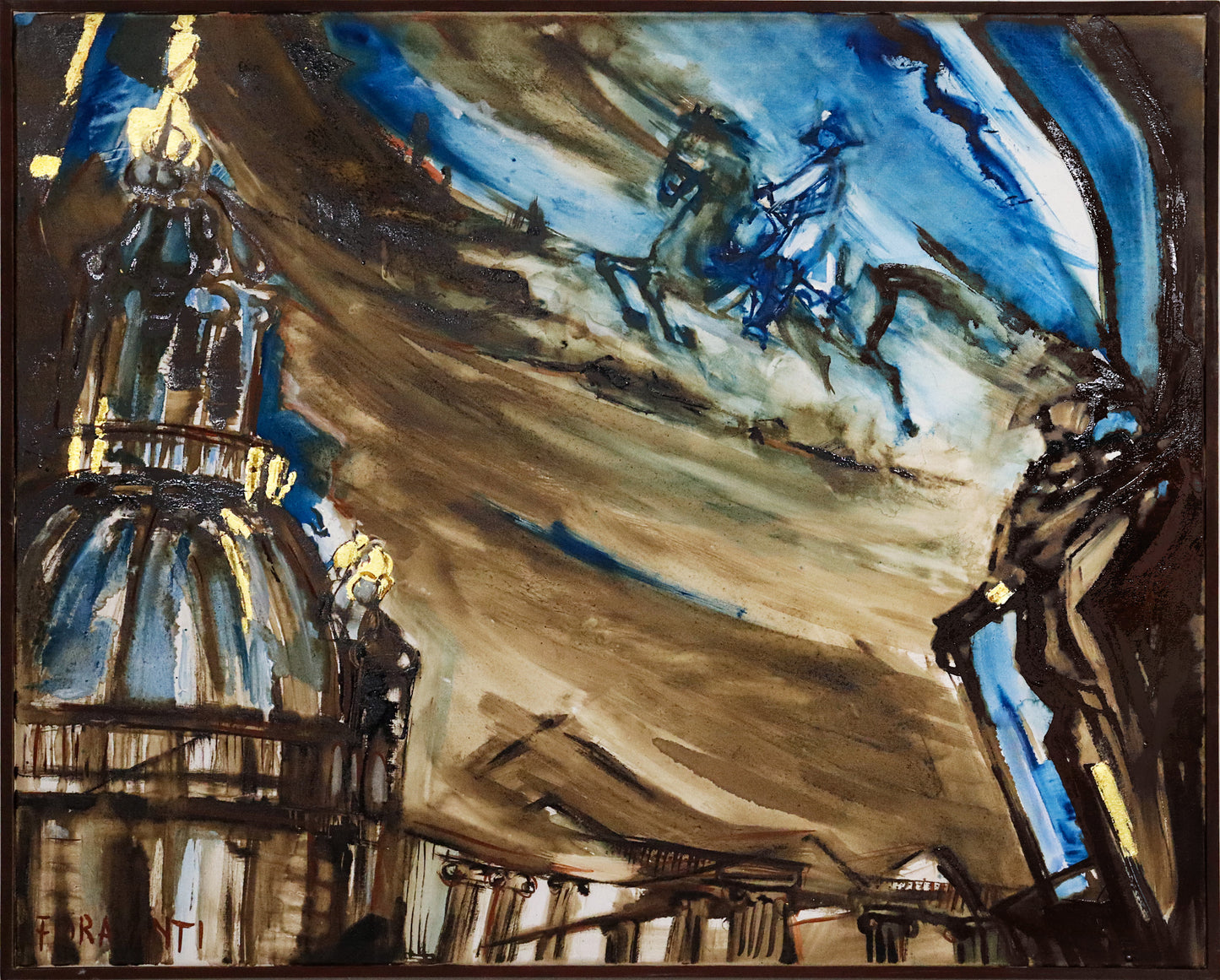 Original Öl-Malerei von Carla Fioravanti, Titel "Preußisch Blau I" . Expressive Malweise in Blau und Brauntönen, teilweise lasierend, teilweise skizzenhafte starke Striche. Darstellung Friedrichs des Großen mit Dreispitz-Hut, auf Pferd sitzend, im Himmel reitend. Darunter Nikolaikirche, Säulenkapitelle und Statue Friedrichs des Großen.  Öl, Teer, Gold auf Leinwand, erhältlich bei Galerie Waldbach - What The Artist Made