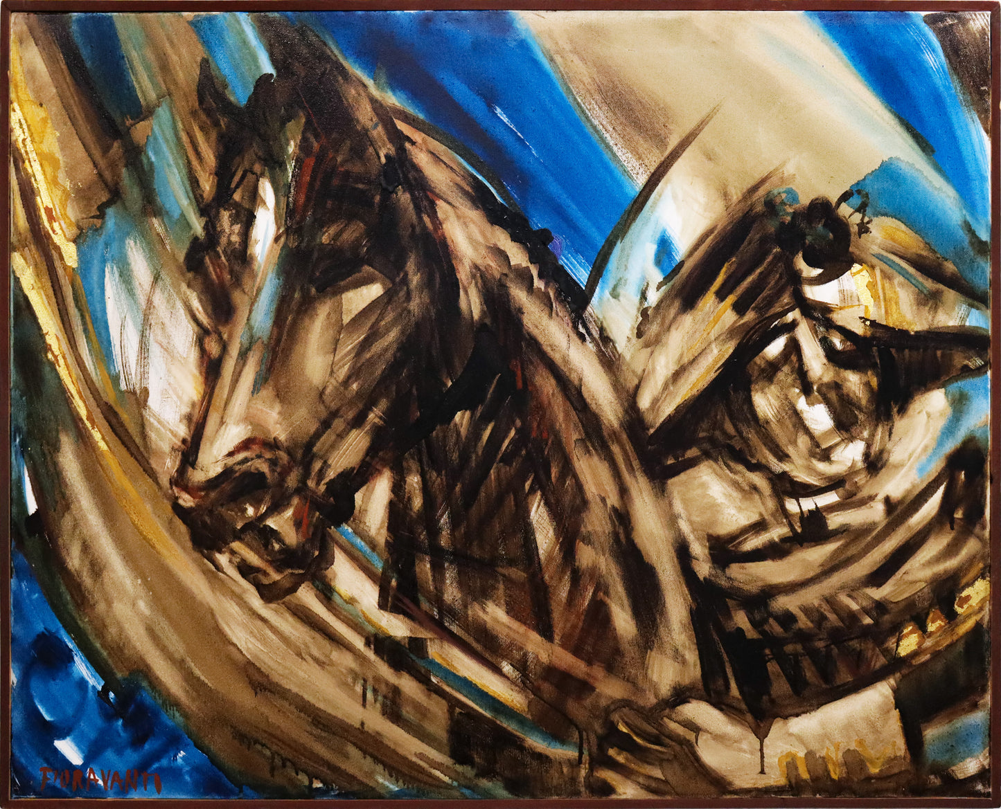 Original Öl-Malerei von Carla Fioravanti, Titel "Preußisch Blau II" . Expressive Malweise in Blau und Brauntönen, teilweise lasierend, teilweise skizzenhafte starke Striche. Darstellung Friedrichs des Großen mit Dreispitz-Hut, auf Pferd sitzend, beide im Porträt, Pferd nur Kopf und Hals sichtbar.  Öl, Teer, Gold auf Leinwand, erhältlich bei Galerie Waldbach - What The Artist Made