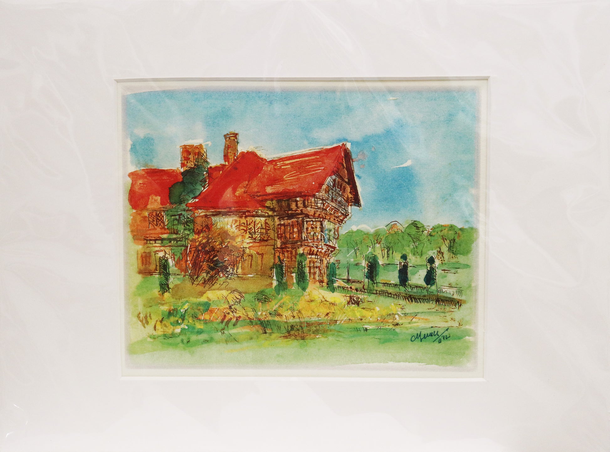 Radierung, signiert von Christian Heinze, Titel „Cecilienhof“ –  Farbiger Druck auf  hochwertigem Papier,  Blick auf  einen Teil des Schlosses Cecilienhof in Potsdam, Fachwerkarchitektur im Tudorstil.  Unten am rechten Bildrand Signatur. Erhältlich bei Galerie Waldbach - What The Artist Made