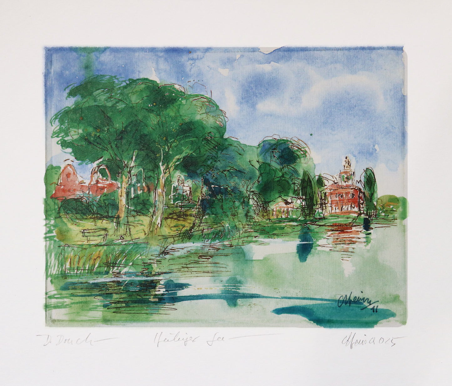 Digitaldruck, signiert von Christian Heinze, Titel „Heiliger See“ –  im Passepartout, Blick zum Marmorpalais, im Vordergrund Heiliger See, im Hintergrund Parklandschaft Neuer Garten, Potsdamer historische Architektur. Unten am Bildrand der Bildtitel und Signatur. Erhältlich bei Galerie Waldbach - What The Artist Made