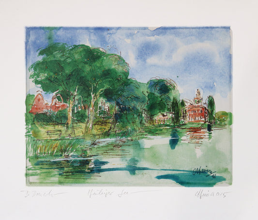 Digitaldruck, signiert von Christian Heinze, Titel „Heiliger See“ –  im Passepartout, Blick zum Marmorpalais, im Vordergrund Heiliger See, im Hintergrund Parklandschaft Neuer Garten, Potsdamer historische Architektur. Unten am Bildrand der Bildtitel und Signatur. Erhältlich bei Galerie Waldbach - What The Artist Made
