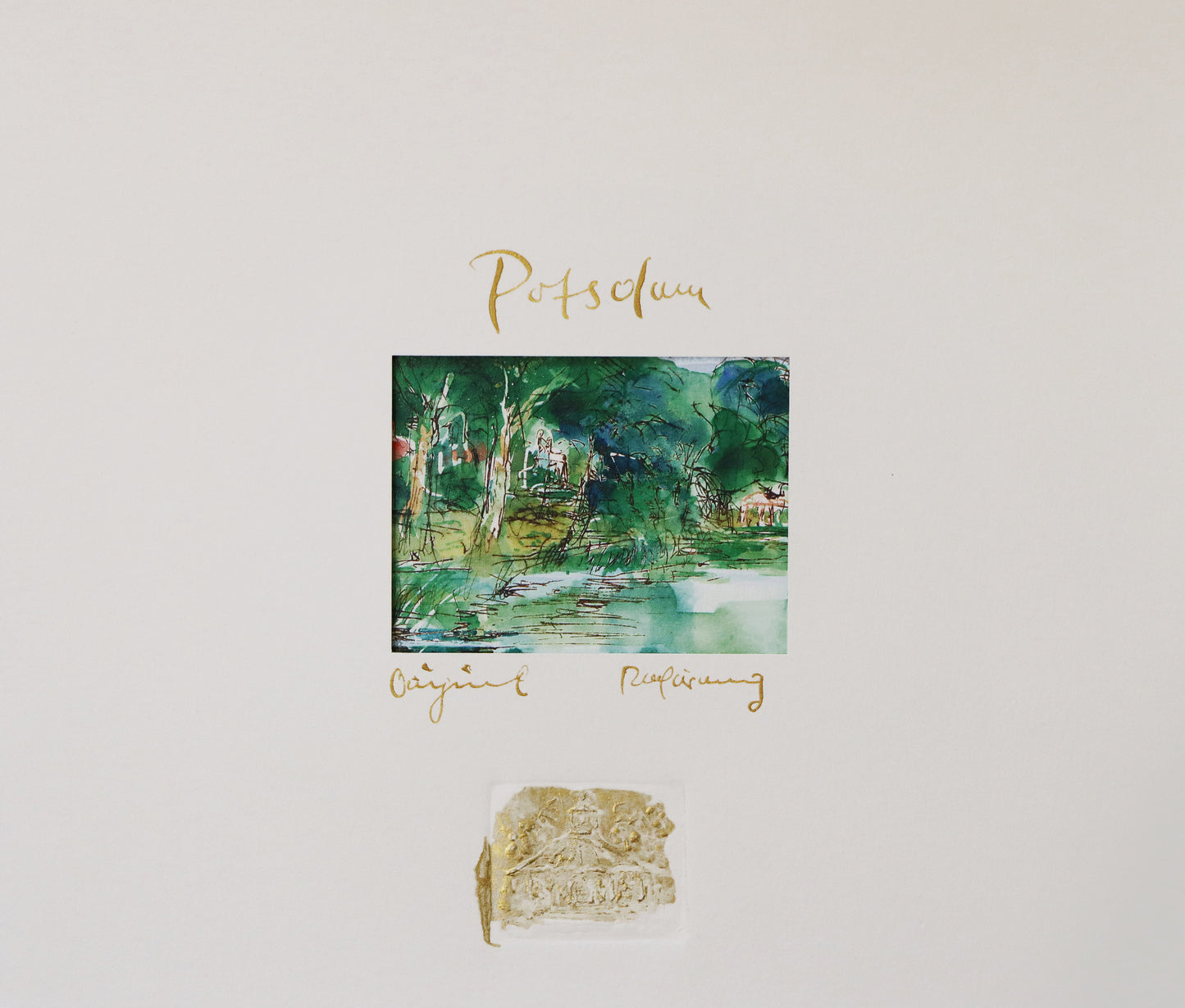 Digitaldruck, signiert von Christian Heinze, Titel „Heiliger See“ –  Ansicht Passepartout mit goldfarbener Kalligrafie "Potsdam" und "Original Radierung" sowie Prägestempel . Erhältlich bei Galerie Waldbach - What The Artist Made