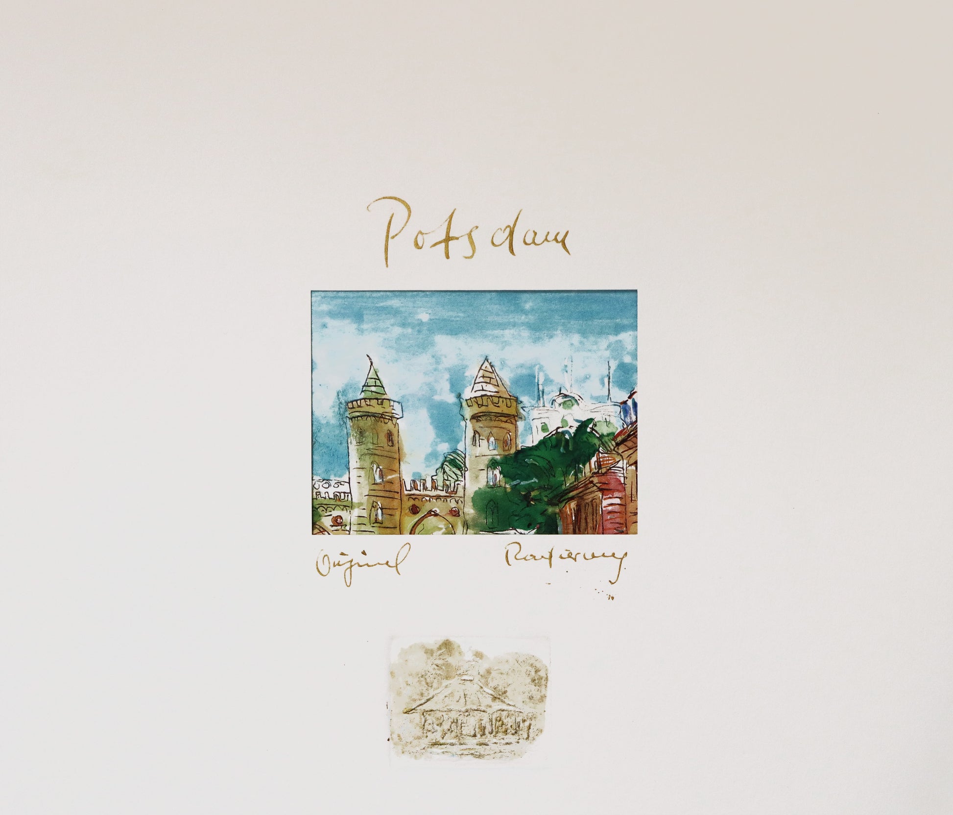 Digitaldruck, signiert von Christian Heinze, Titel „Potsdam“ –  Ansicht Passepartout mit goldfarbener Kalligrafie "Potsdam" und "Original Radierung" sowie Prägestempel . Erhältlich bei Galerie Waldbach - What The Artist Made