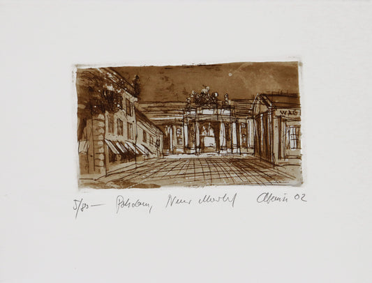 Radierung, signiert von Christian Heinze, Titel „Neuer Markt“ –  Farbige Radierung, Büttenpapier mit Büttenrand, Blick auf den Neuen Markt mit Haus der Brandenburgisch-Preußischen Geschichte, Malz- und Kornwaage und Gaststätte Ratswaage, Potsdamer historische Architektur. Unten am Bildrand der Bildtitel und Signatur. In Sepiatönen - erhältlich bei Galerie Waldbach - What The Artist Made