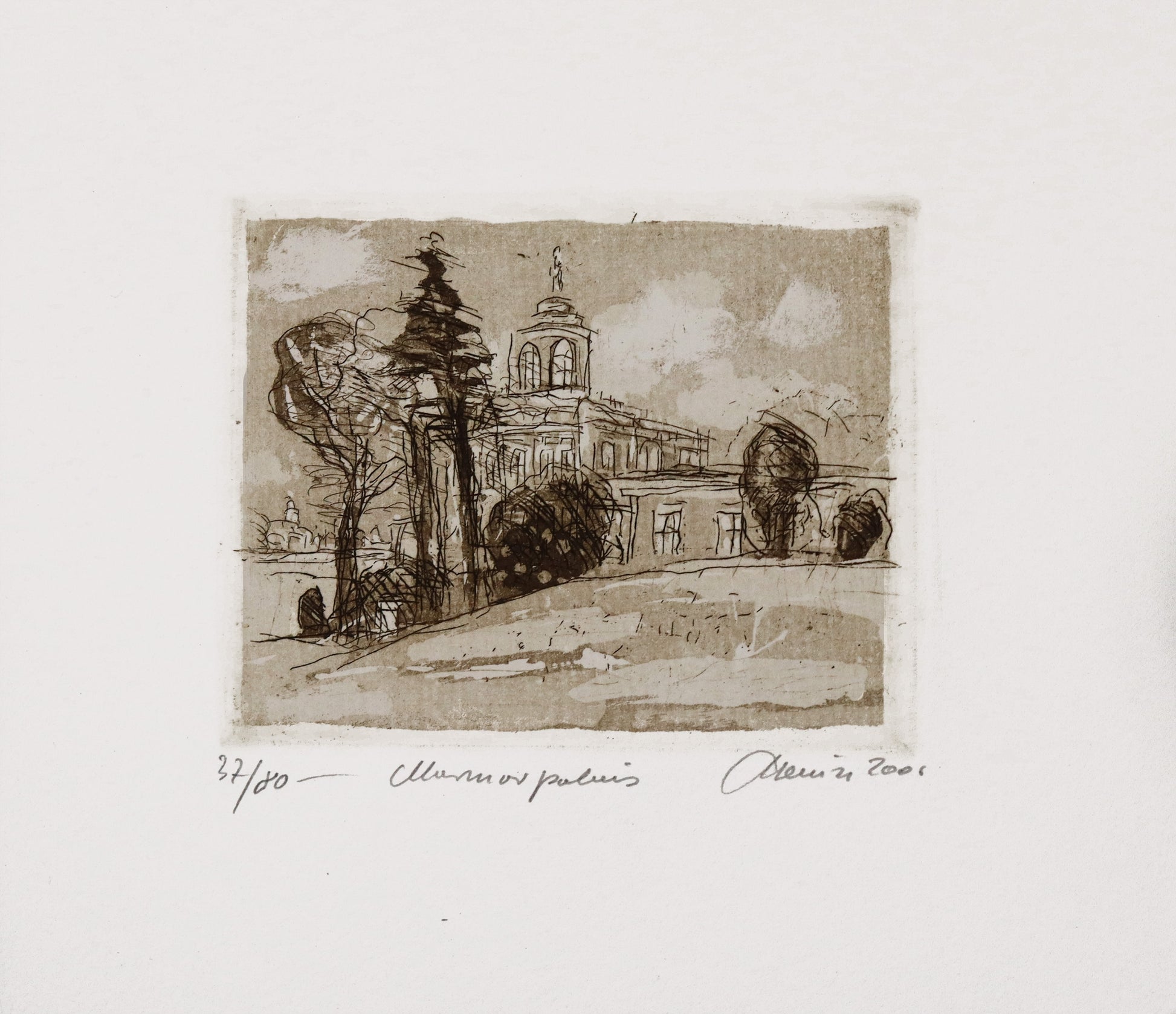 Radierung, signiert von Christian Heinze, Titel „Marmorpalais“ –  Farbige Radierung, Büttenpapier mit Büttenrand, Blick auf den Marmorpalais und  Parklandschaft. Unten am Bildrand der Bildtitel und Signatur. In Sepiatönen - erhältlich bei Galerie Waldbach - What The Artist Made